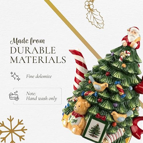 Miniatura 4 de Spode Tetera con figura de árbol de Navidad, tetera festiva de 27 onzas con detalles de muérdago, boquilla de rayas de menta y mango de cinta,