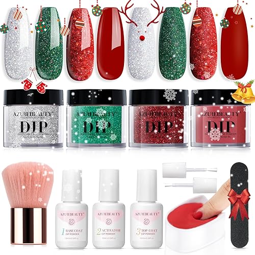 AZUREBEAUTY Christmas Dip Powder Nail Kit Green Red Glitter Silver 12 Pcs Acrylic Dip Powder Liquid Set with Base/Top Coat Activator for French Nail Art Manicure Home Holiday Gifts Set