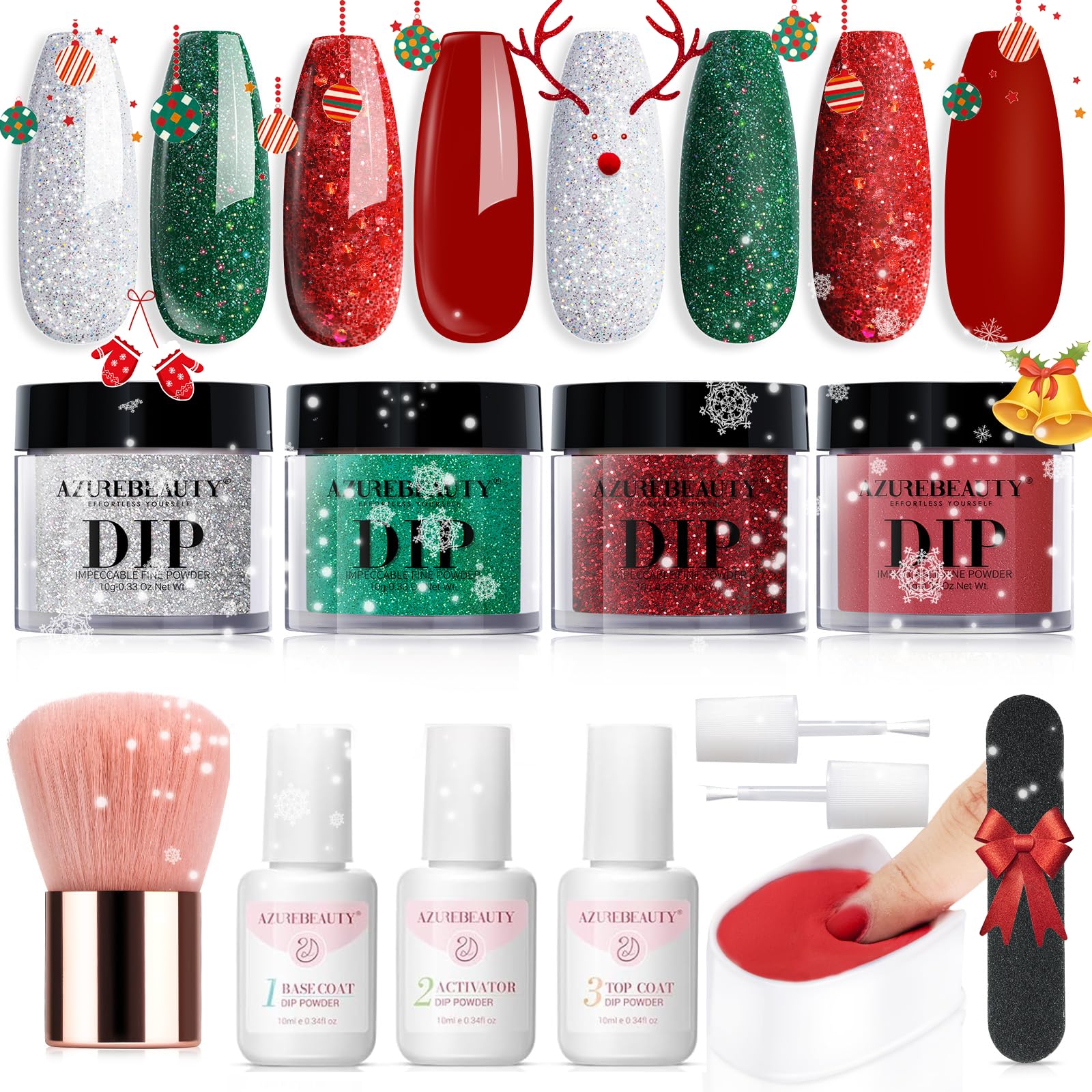 AZUREBEAUTY Christmas Dip Powder Nail Kit Green Red Glitter Silver 12 Pcs Acrylic Dip Powder Liquid Set with Base/Top Coat Activator for French Nail Art Manicure Home Holiday Gifts Set