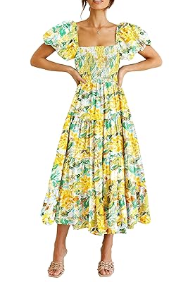PRETTYGARDEN Women's Casual Summer Midi Dress Puffy Short Sleeve Square Neck Smocked Tiered Ruffle Dresses