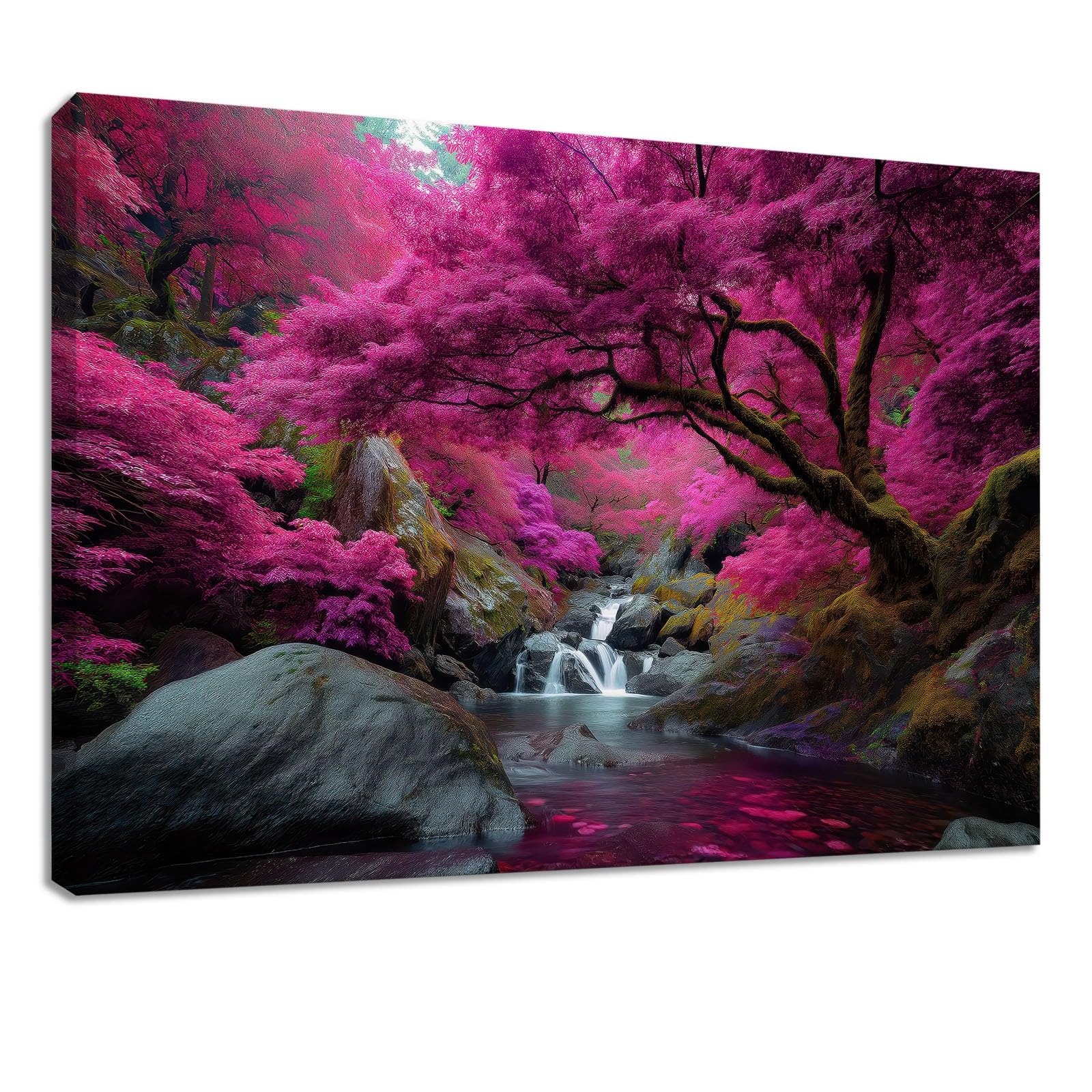 Obraz ścienny natura krajobraz obraz obraz na płótnie - 90 x 60 cm, wydruk na płótnie z lasem, drzewo skała, oprawiona sztuka ścienna do salonu i sypialni, dekoracja ścienna, różowy
