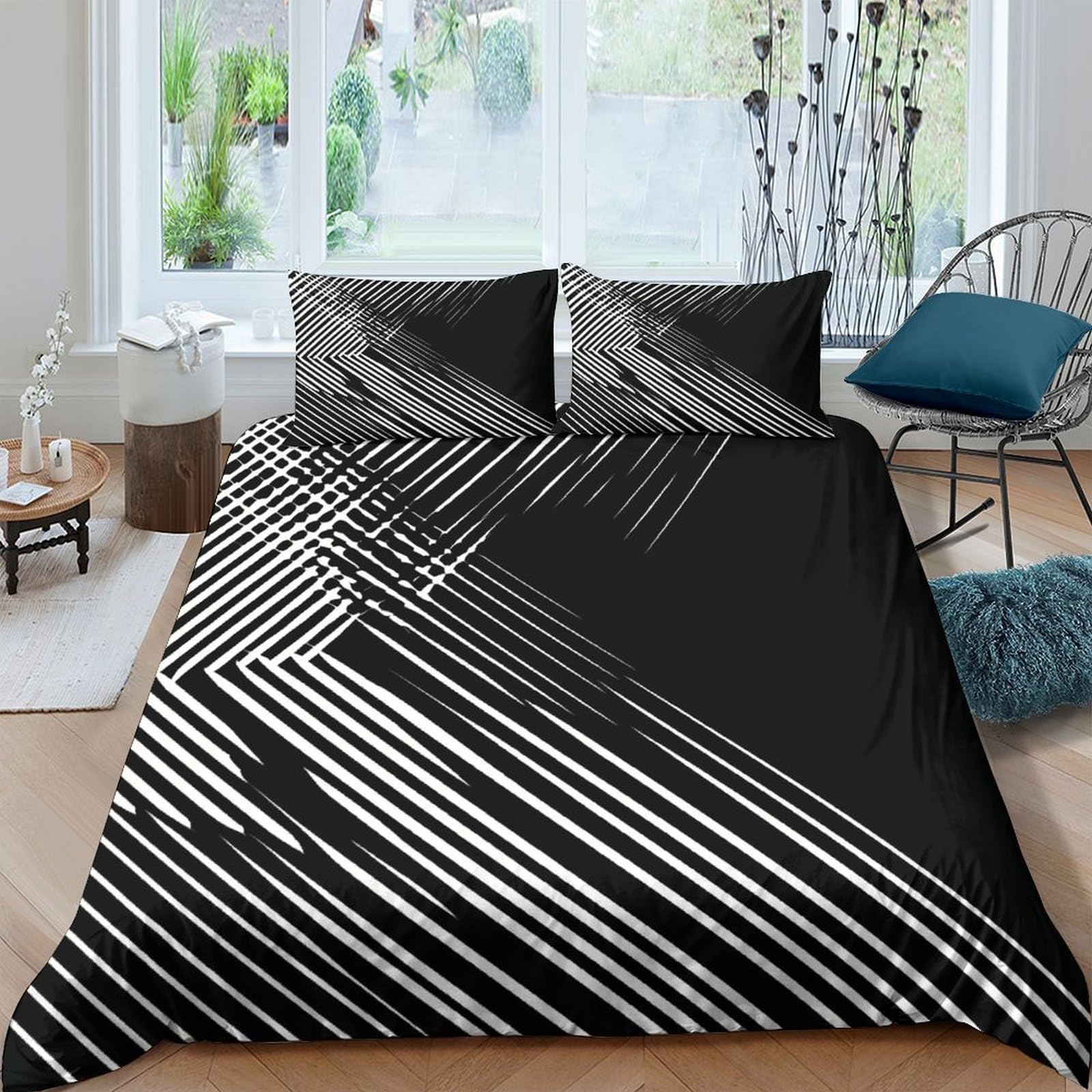 Ctjqhvkz Style-9 3D Printed Monochrome Geometric Fitted Sheet Microfiber Soft Modern Stripe Bed Cover For Bedroom Guest Room Dorm Decor Single（135X200cm）