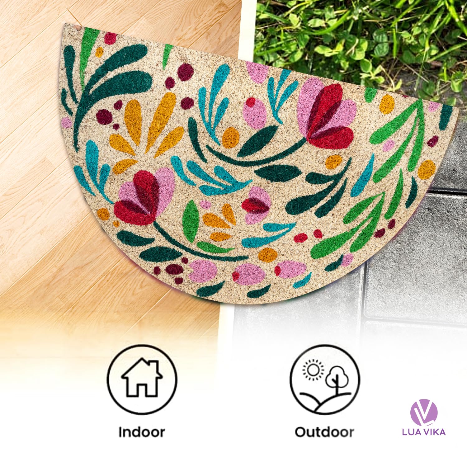 Zerbino ingresso esterno cocco - Flora - 40x70 cm - tappeto ingresso esterno casa - zerbino cocco mezzaluna - zerbini moderni e originali