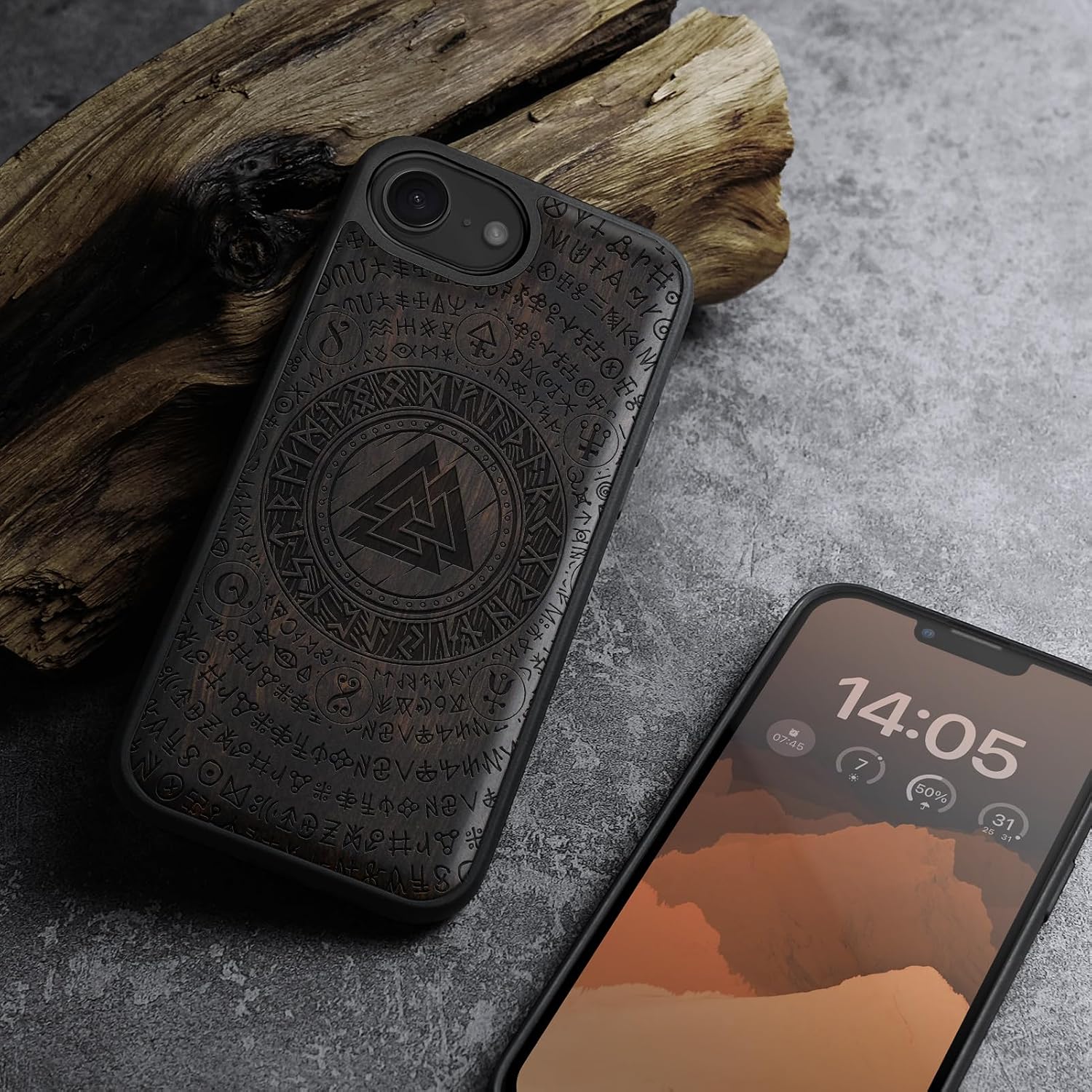 Carveit Magnetic Wooden Case for iPhone 16e / 17e, Solid Wood & TPU, Artisan Engraved Design, Shockproof Cover, Compatible with MagSafe Wireless Chargers, Ancient Wisdom in Viking Design - Blackwood