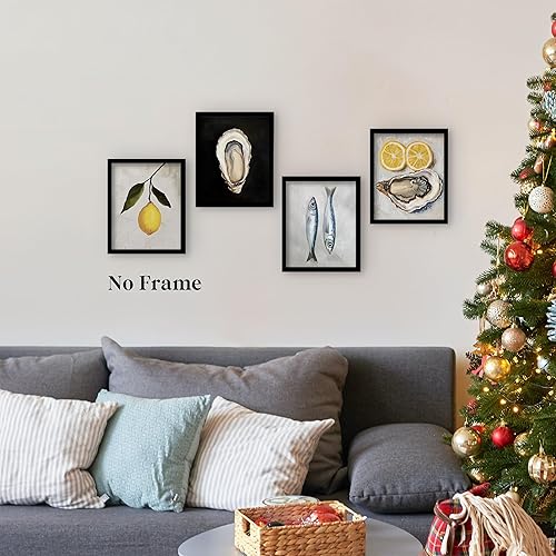 Miniatura 2 de QLMX Juego de 4 impresiones artísticas de pared vintage de limón y ostra de sardina y pescado para cocina, impresiones francesas retro para