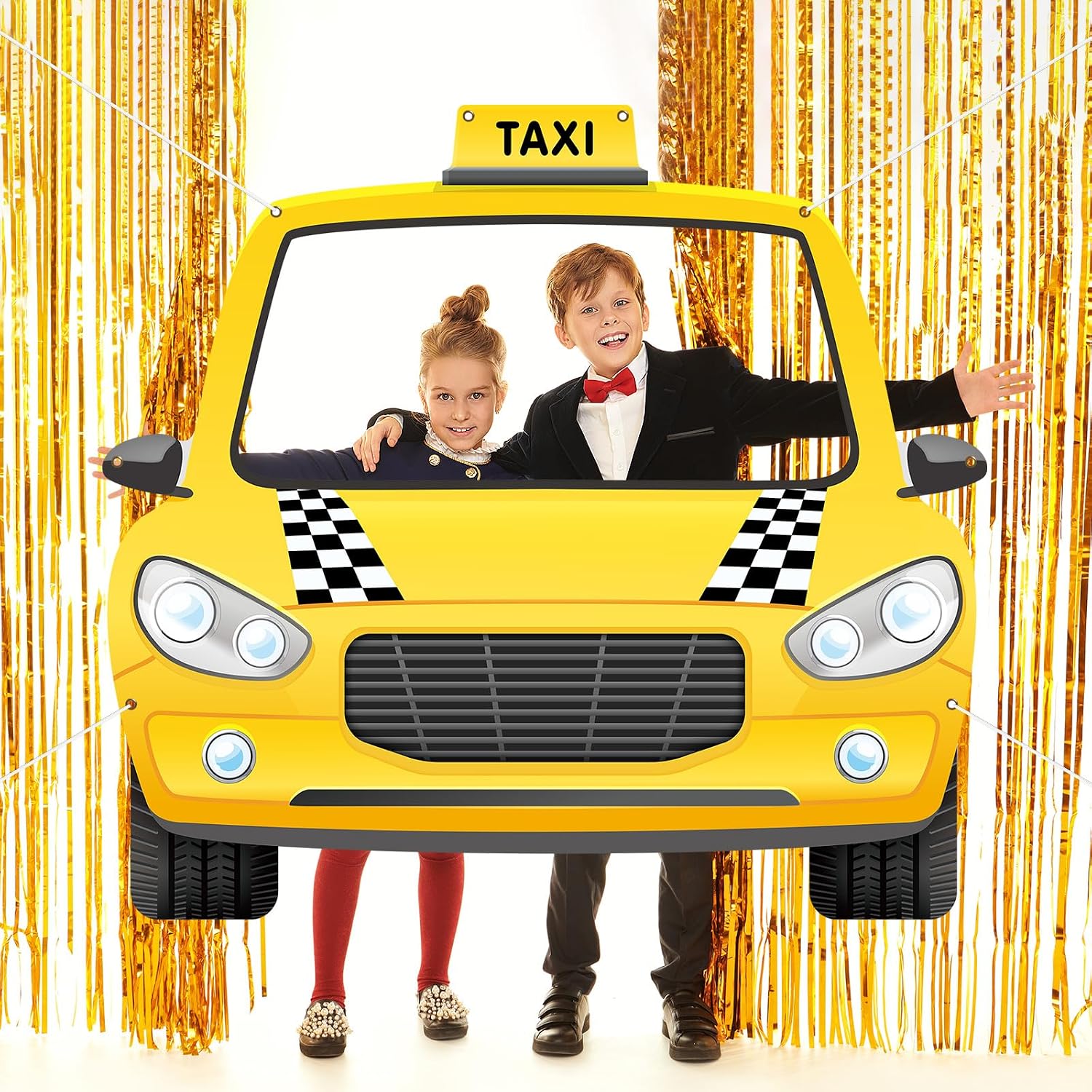 Fabric Taxi Themed NYC Photo Booth Car Themed Party Decoration Yellow Cab Background Taxi Selfie Backdrop Black and White Checkered Decor for Birthday Baby Shower Party Supplies 59 x 54.5 Inch