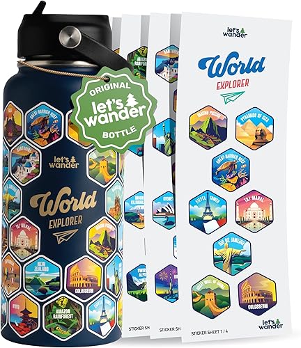 Miniatura 8 de LET'S WANDER - Botella de agua para aventureros del mundo con 50 pegatinas impermeables - 32 onzas, aislante con pajita, acero inoxidable a prueba