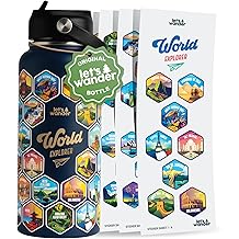 LET'S WANDER World Explorer Adventure Water Bottle with 50 Waterproof Stickers - 32oz Leakproof Insulated Stainless Steel with Straw - Travel Goal Gift Bottle (Blue)