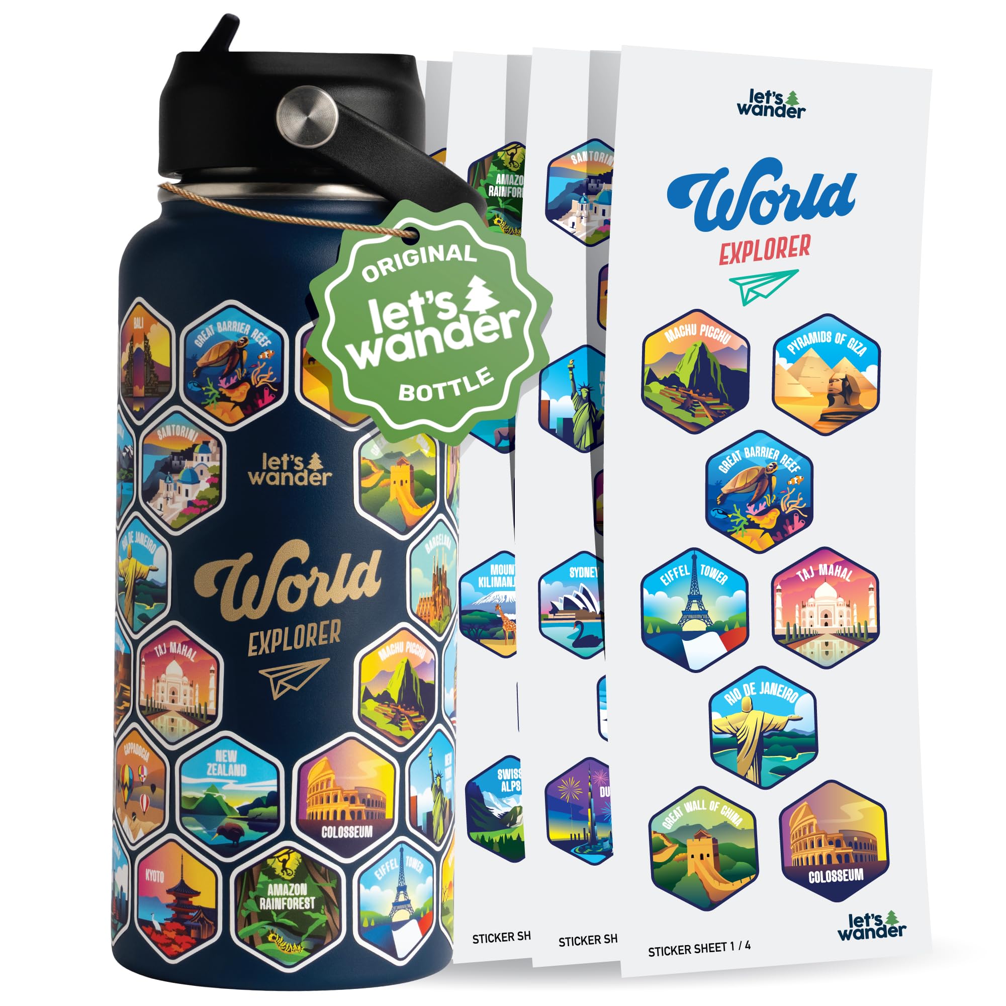 LETS WANDER World Explorer Adventure Water Bottle with 50 Waterproof Stickers - 32oz Leakproof Insulated Stainless Steel with