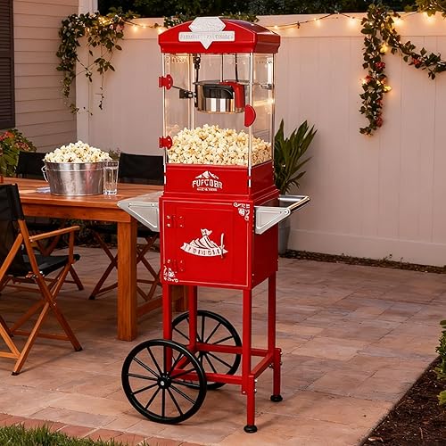 Máquina de palomitas de maíz de 10 onzas con carrito, ruedas y hervidor de acero inoxidable, estilo vintage, máquina para hacer palomitas de maíz