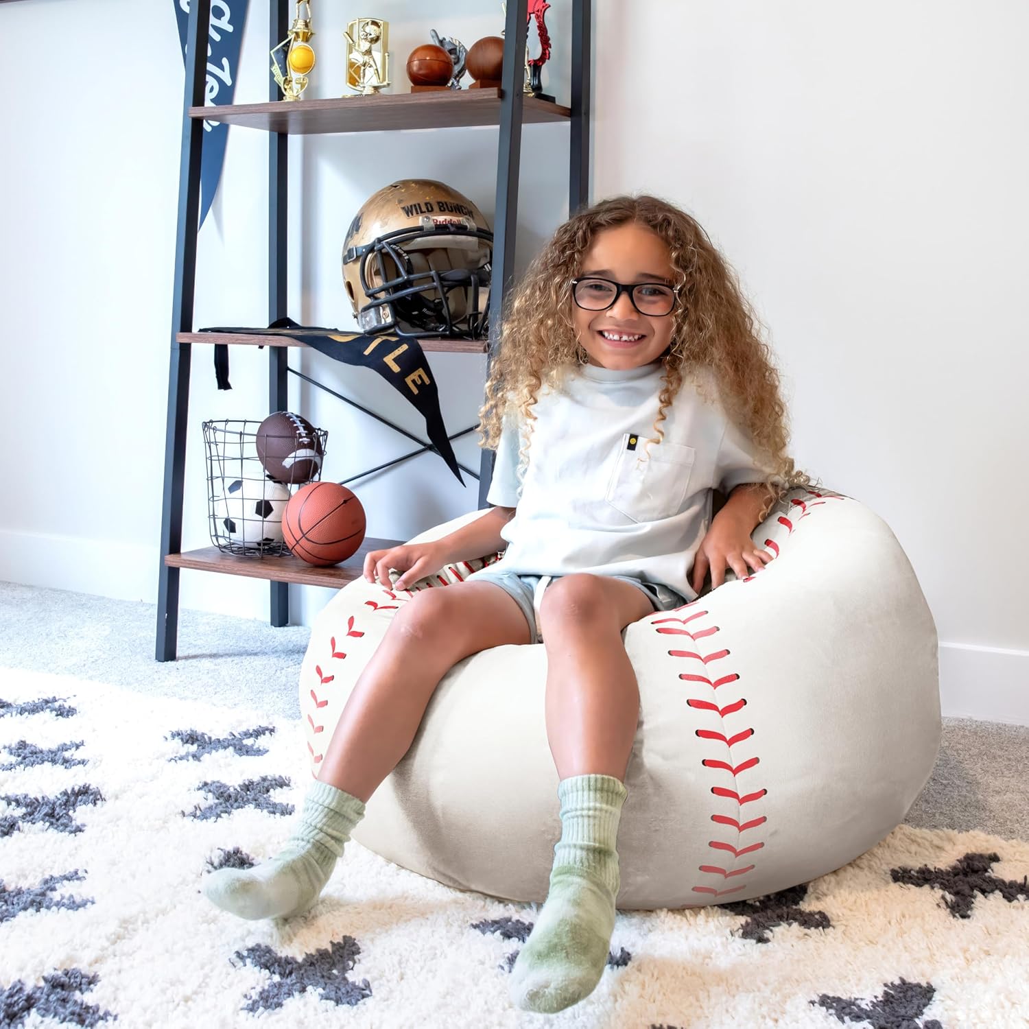 big joe sports ball bean bag chair for kids, baseball plush, ultra-soft lightweight polyester blend, 2.5 foot refillable baseball single sports balls