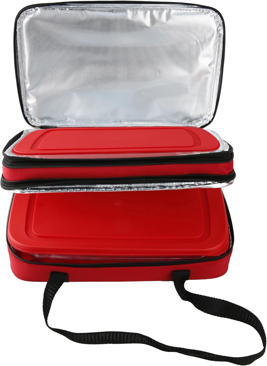 5 Piece Take and Bake Set - 2 Glass Casseroles, 2 Lids, 1 Insulated Carry Bag - Microwave, Oven and Freezer Safe. Overall Size 13.75" x 8.75" x 5"