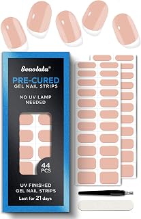 Real Gel Nail Strips (No UV Light Needed) - 44Pcs Salon Quality Nail Stickers - Long Lasting Polish Wraps for Women, Easy Apply & Remove (Nude Blush)