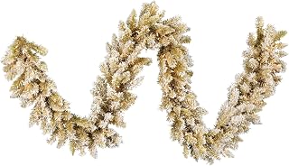 Vickerman 9' x 14" Frosted Gold Artificial Christmas Garland, Warm White Dura-lit LED Lights - Faux Fir Christmas Garland - Indoor Seasonal Home Decor