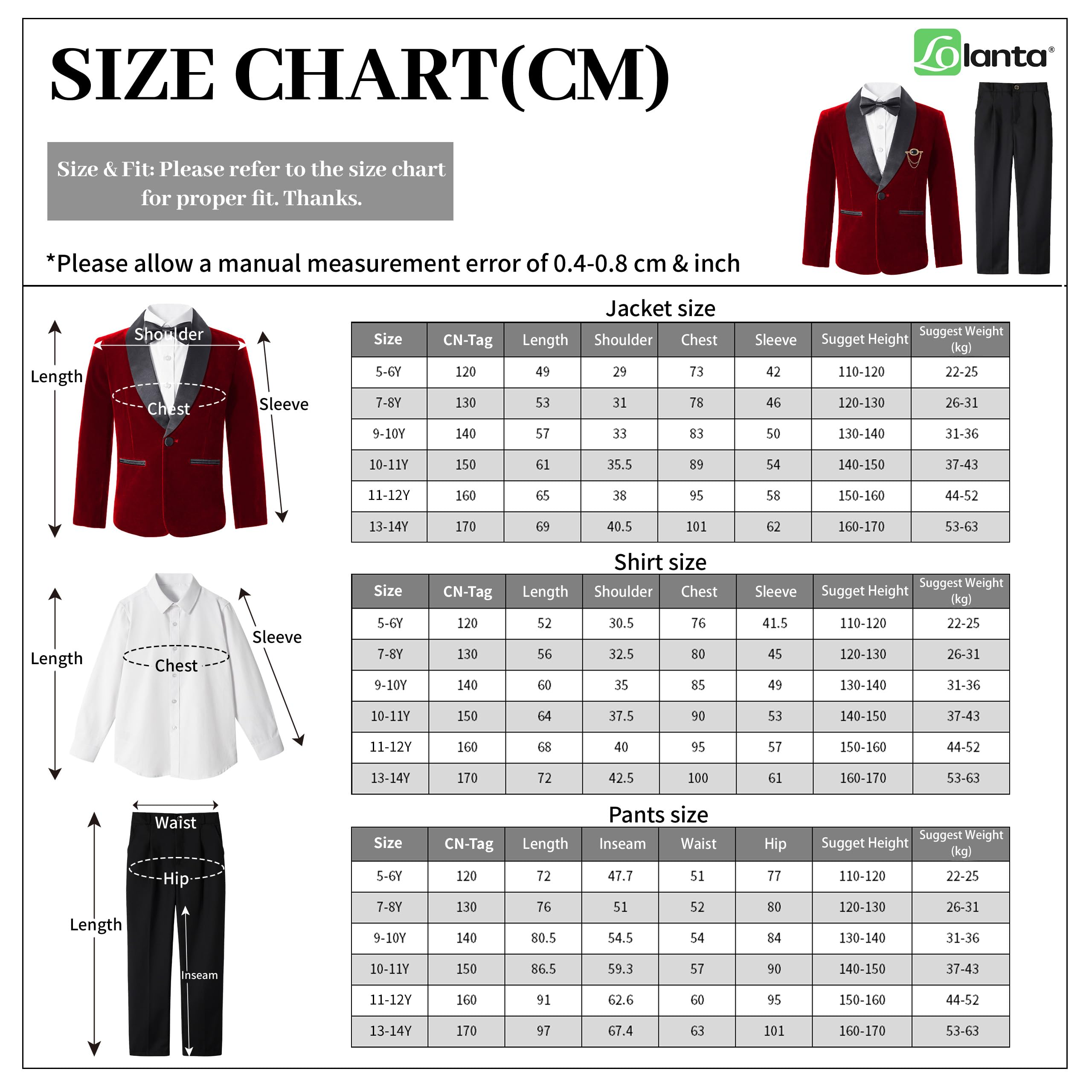 LOLANTA Smoking Velours pour Enfants, Ensemble 4 Pièces Garçon Tenues de Mariage pour Garçons Blazer Pantalon Chemise Nœud Papillon, Tenue de Bal