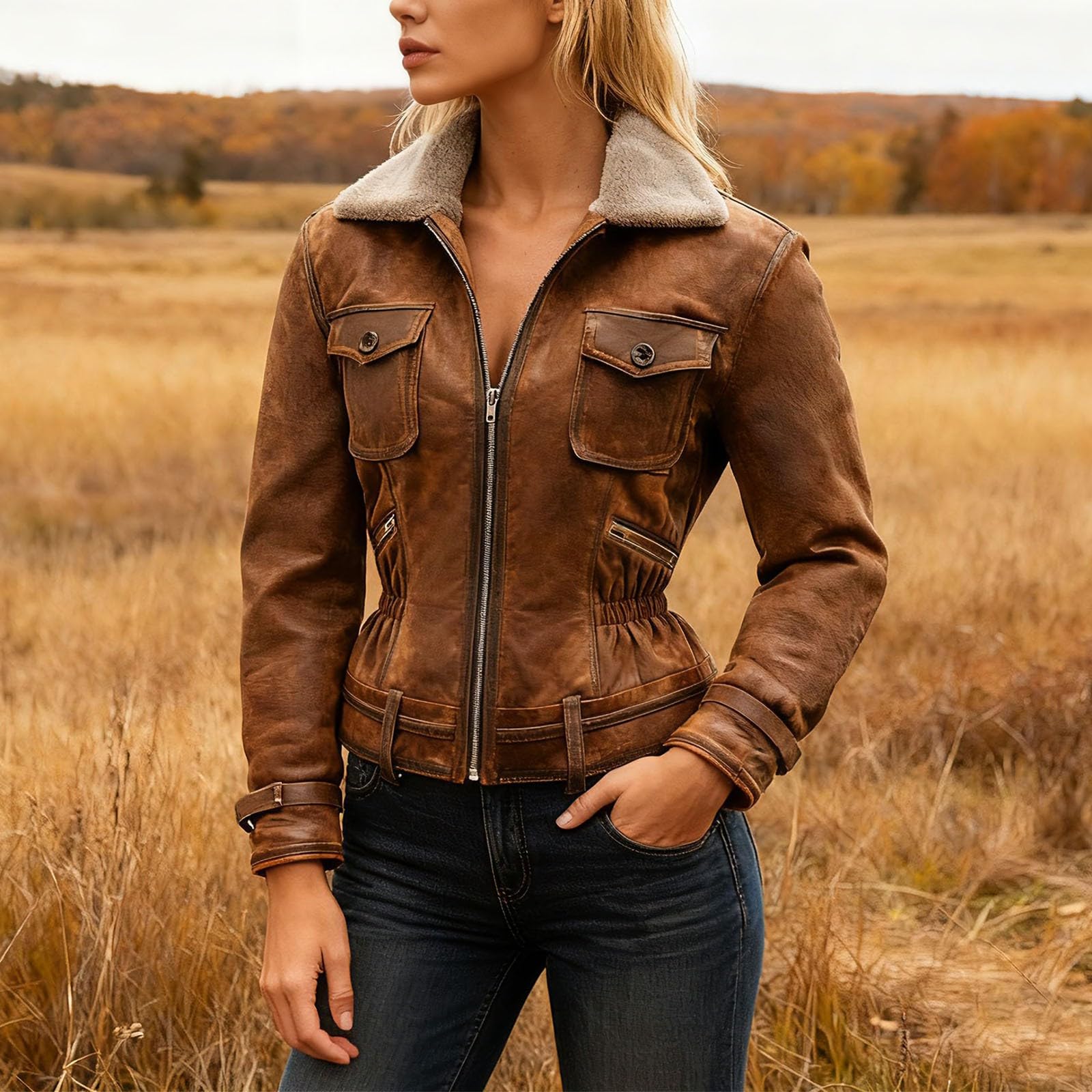 Generisch Giacca in pelle da donna con fodera interna in ecopelle, foderata, calda, vintage, colletto in pelliccia sintetica, cappotto in pile, per motociclisti, risvolti, slim fit, bomber fashion