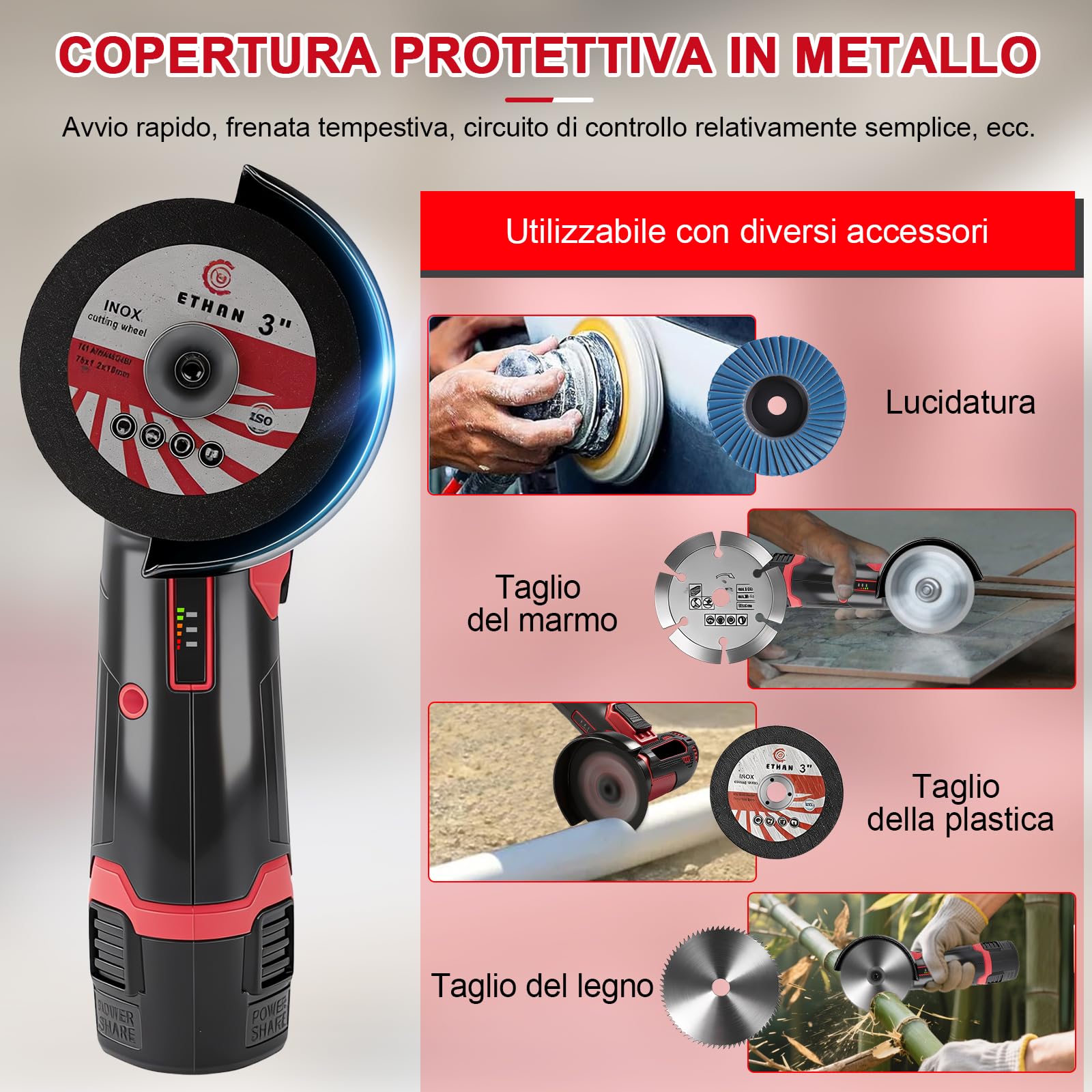 Smerigliatrice Angolare Senza Fili 3 Pollici, 500W 19500 Giri/Min Mini Smerigliatrice Angolare Elettrica da 76 mm, Lucidatrice Manuale Ricaricabile Con 6 Dischi, per Tagliare Piastrelle, Legno, Pietra