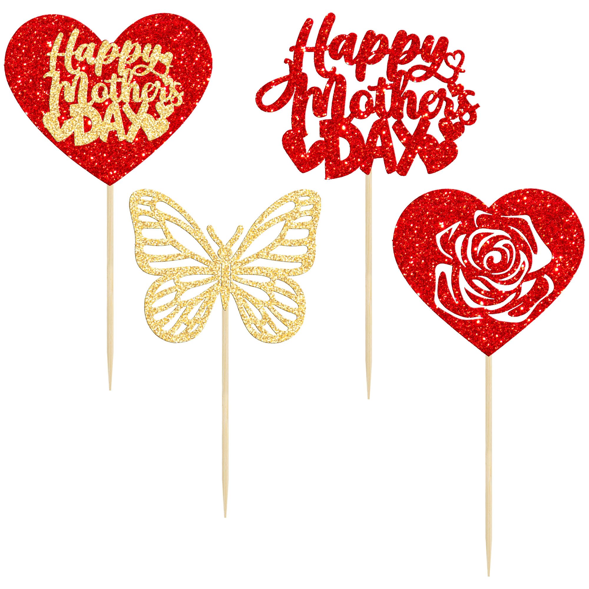 Gyufise 24 Stück Cupcake-Topper Für Muttertag – Glitzernde Deko Mit Schmetterling, Rose Und Herz In Gold & Rot