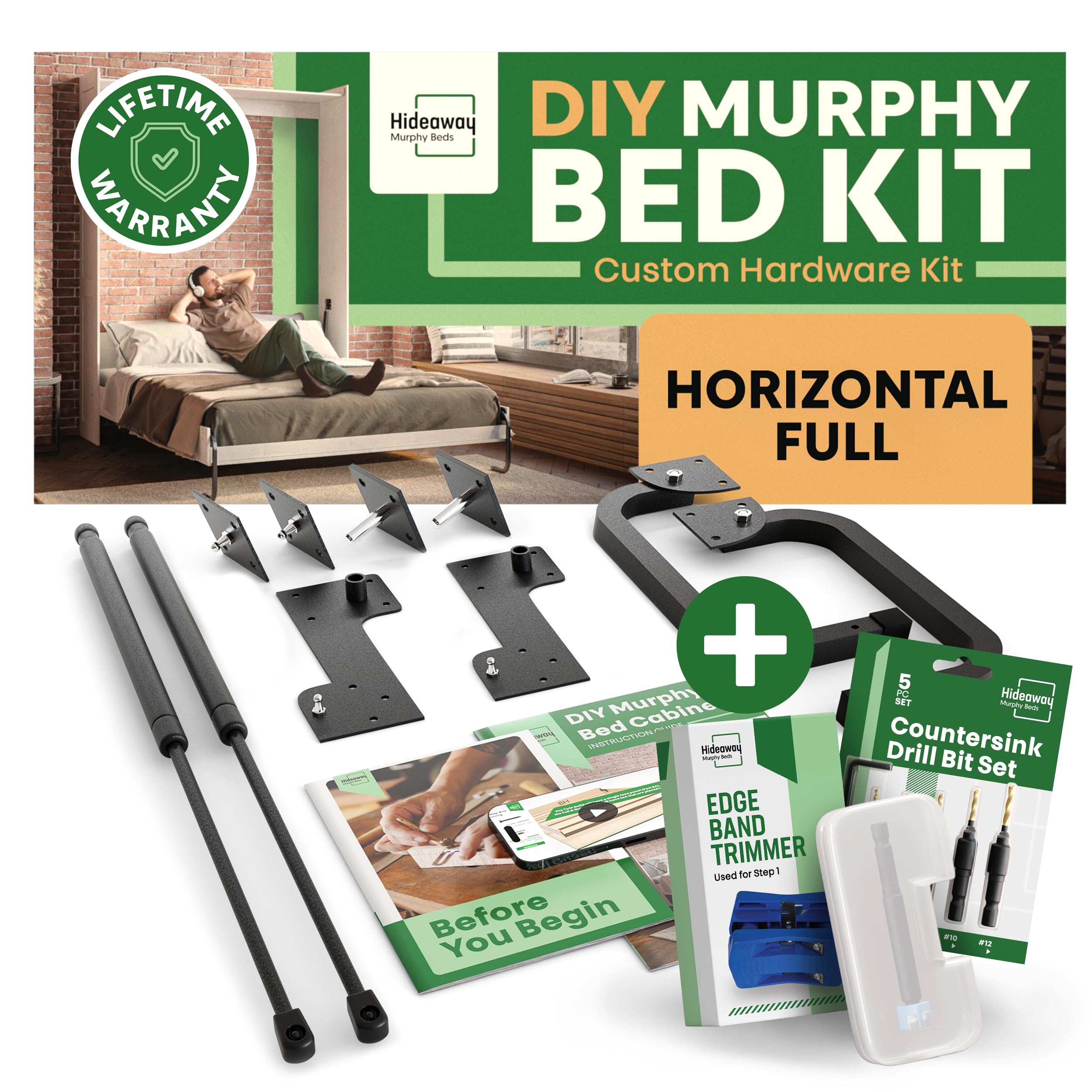 Hideaway Murphy Bed DIY Hardware Kit for Wall Cabinet, Horizontal Full Frame, Deluxe Mechanism With Bonus Tools