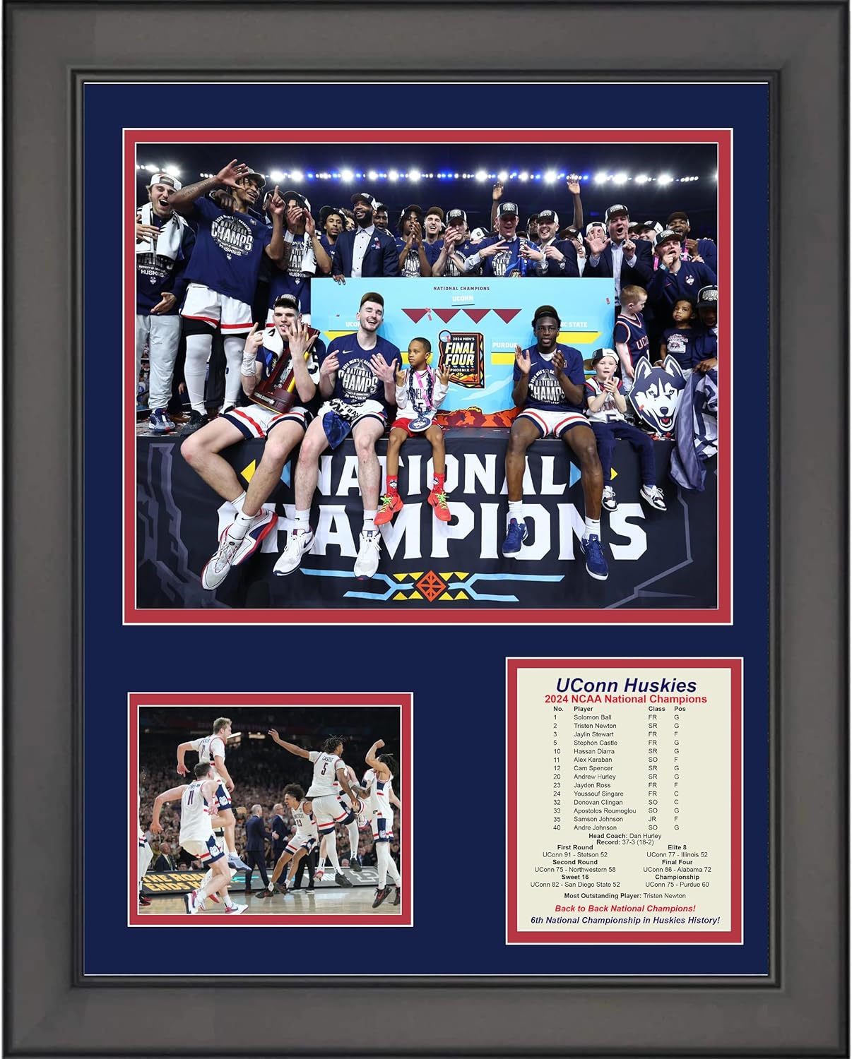 Framed UConn Huskies 2024 Back to Back NCAA National Champions 11"x14" College Basketball Three Photo Collage