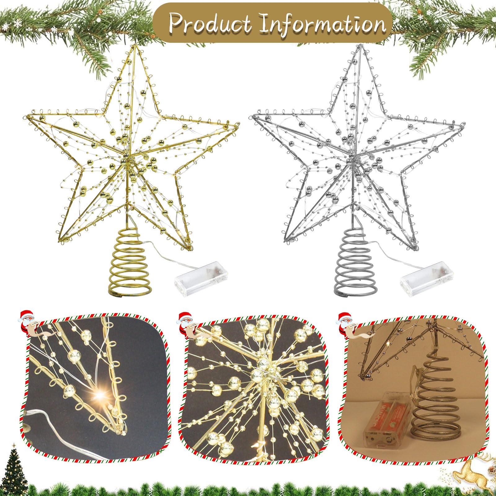 Punta Per Albero Di Natale A Stella Con 20 LED - 30 Cm, Alimentazione A Batterie, Decorazione Natalizia