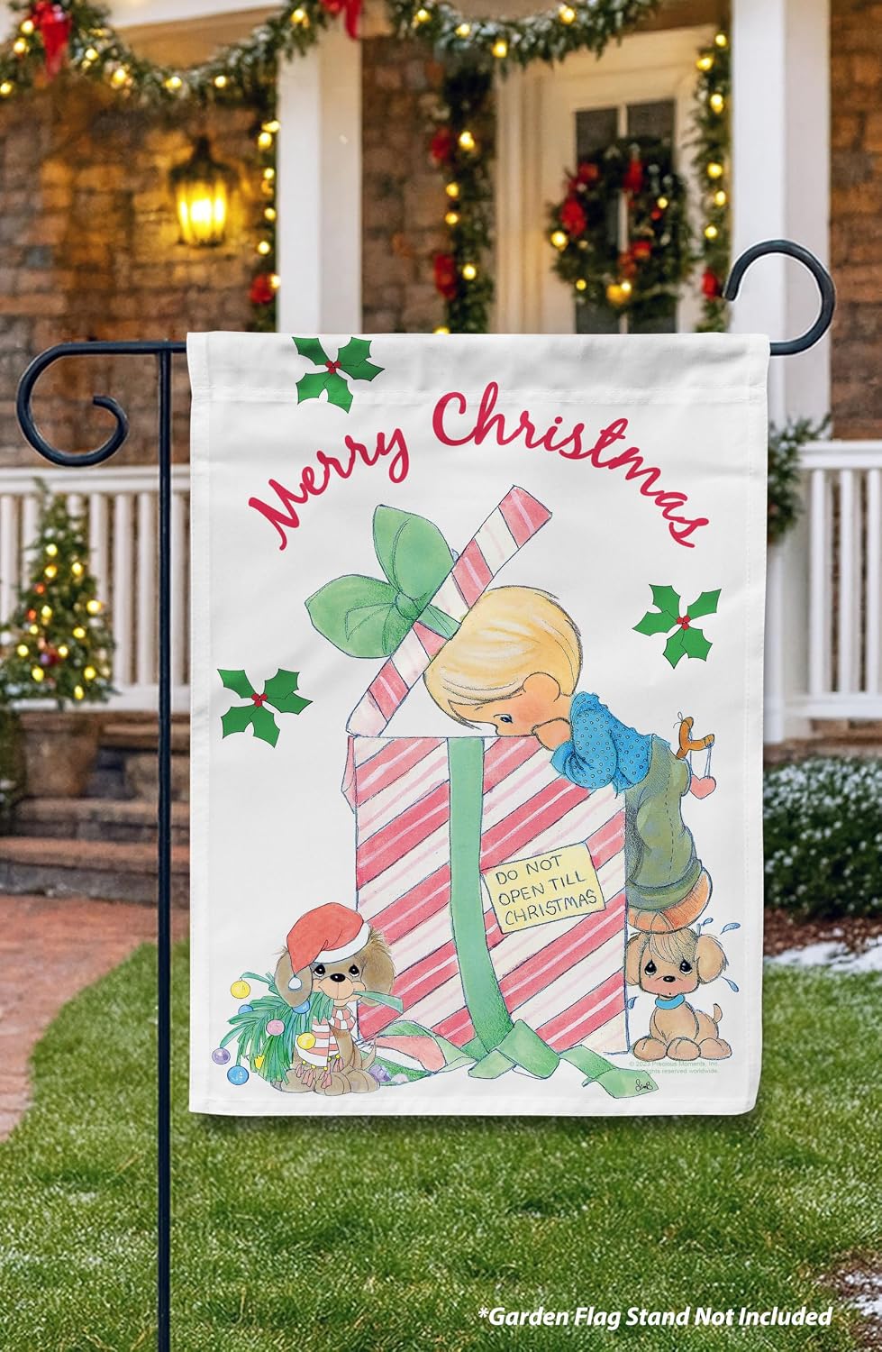 Flagology, Precious Moments Don't Open Till Christmas Garden Flag 12" x 18", Outdoor Flag, Exclusive Premium Fabric, Officially Licensed, Holiday Outdoor Décor