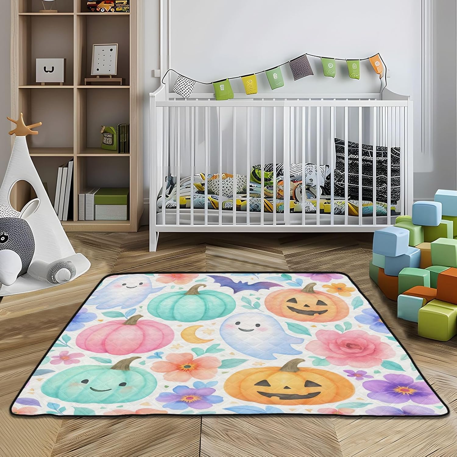 Ghosts and Halloween Pumpkins Baby Play Mat, 50“ X 50” Washable Folding Crawling Mat, Baby Floor Mat, Soft, Non-Slip