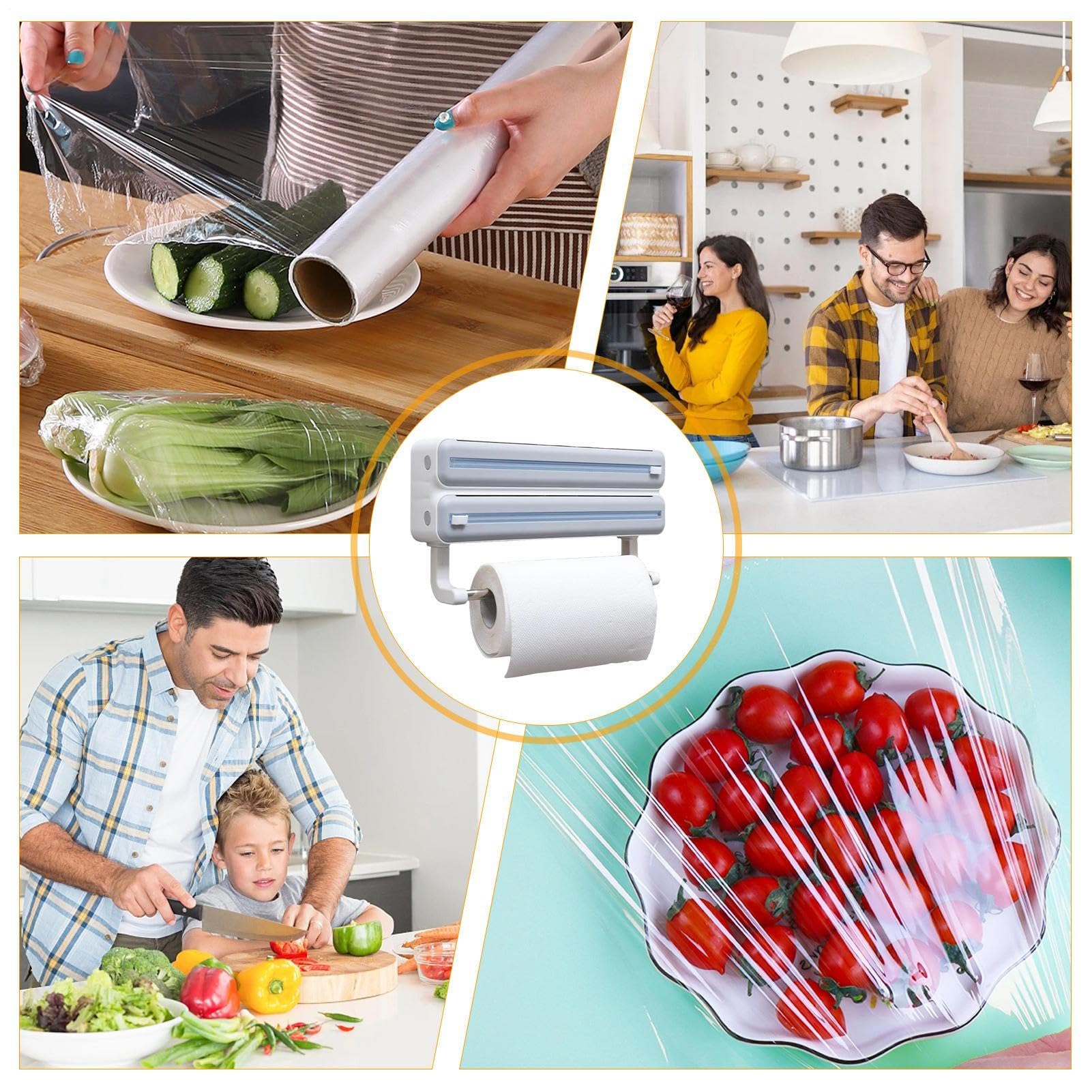 Dispensador de película Recargable – Soporte de Pared para Papel de Aluminio de Cocina, de Almacenamiento multirollo, Soporte de película de Corte con Estante para pañuelos, Ahorro de Espacio en