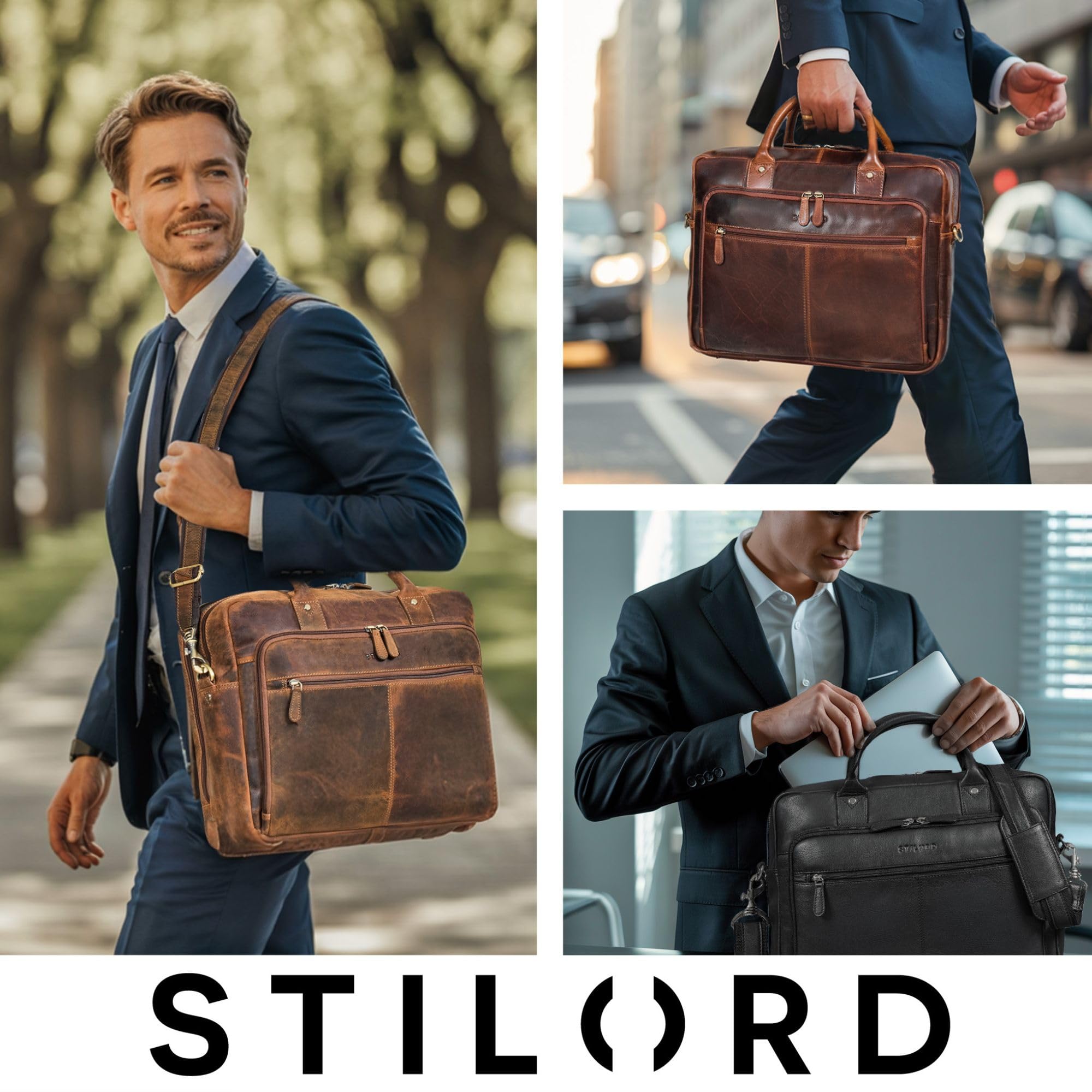 STILORD "Jerome Aktentasche Leder Herren Schwarz Businesstasche mit Laptopfach 15,6 Zoll Laptoptasche Echtleder Arbeitstasche Männer Bürotasche Ledertasche Lehrertasche