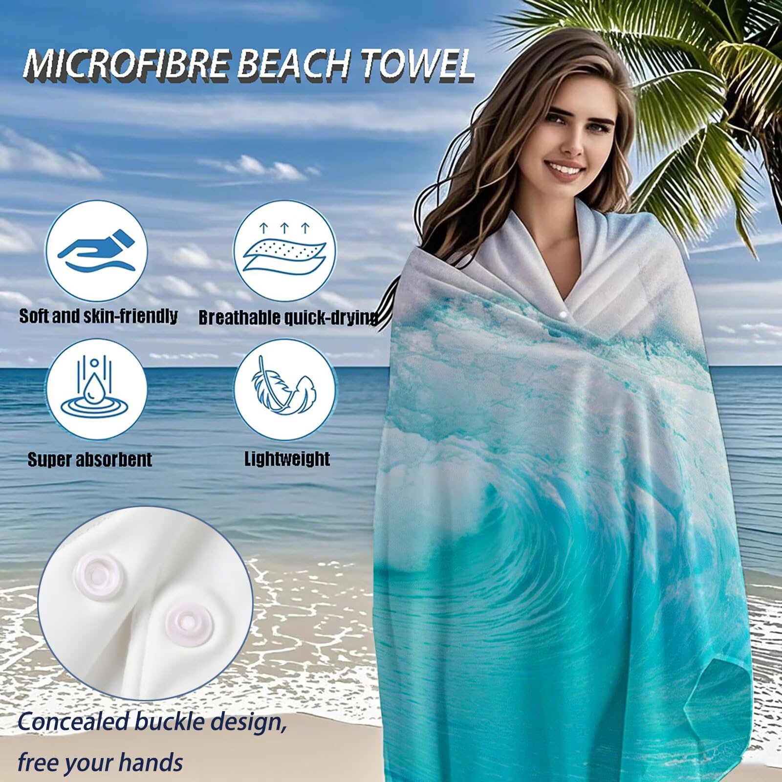 Serviette Plage Bleu Motif, Serviette de Plage XXL 100x180 avec Sac, Serviettes de Bain Microfibre Séchage Rapide Anti-Sable Absorbante Fonction pour Bain, Sport, Voyages, Sauna, Piscine Q-638