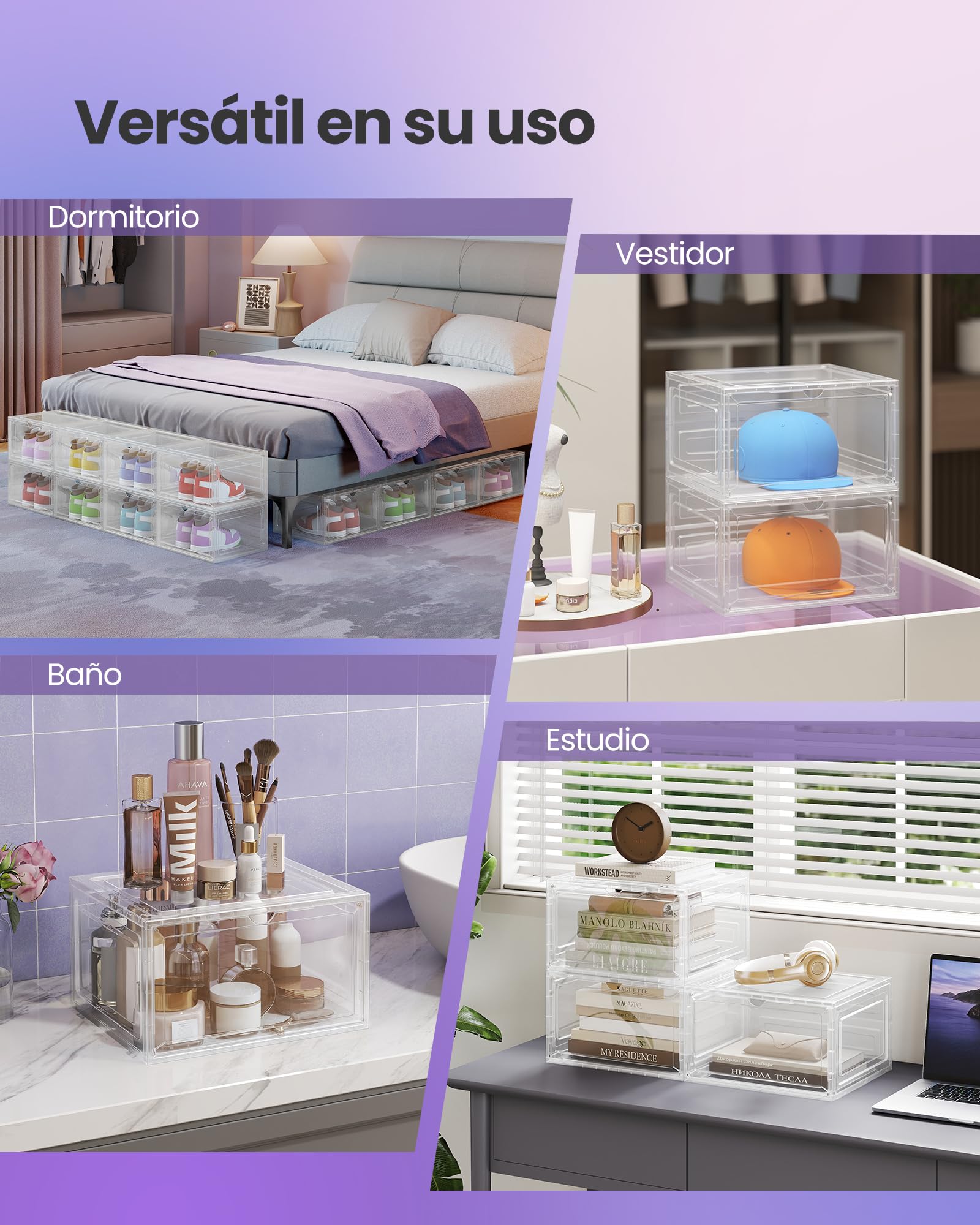SONGMICS Cajas para Zapatos, Juego de 6, Organizador de Zapatos Transparente, de Plástico, con Puerta, Apilable, 33 x 28,5 x 19,2 cm, para hasta la Talla 46, Blanco Transparente LSP506W01