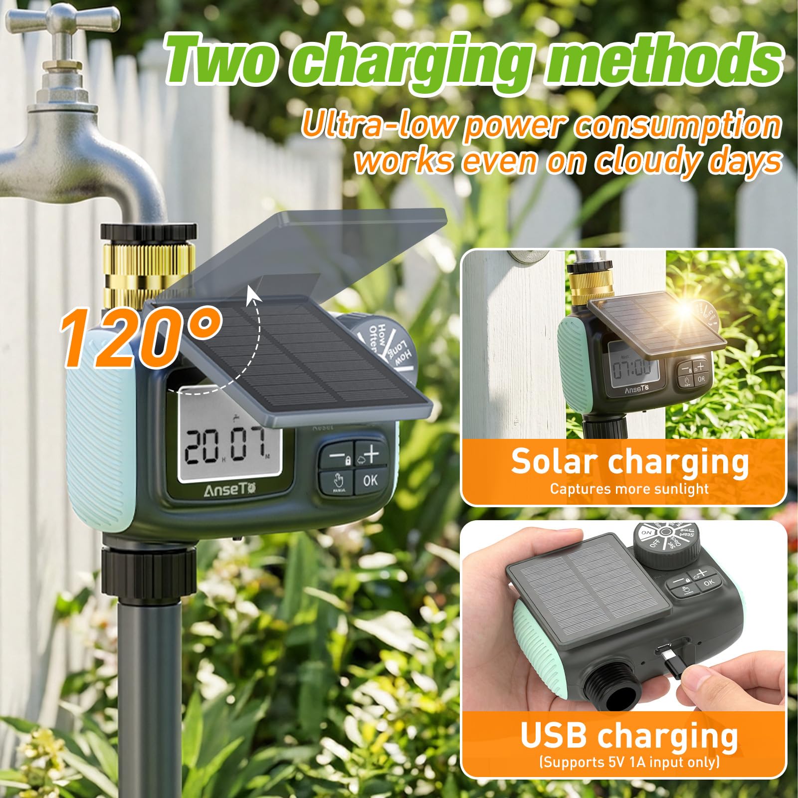 Programmateur Arrosage Automatique Solaire, Système D'irrigation Automatique, Charge par Câble USB-C et Panneaux Solaires, Ecran LCD Ultra Clair,Contrôle de I'irrigation pour Jardin et Pelouse