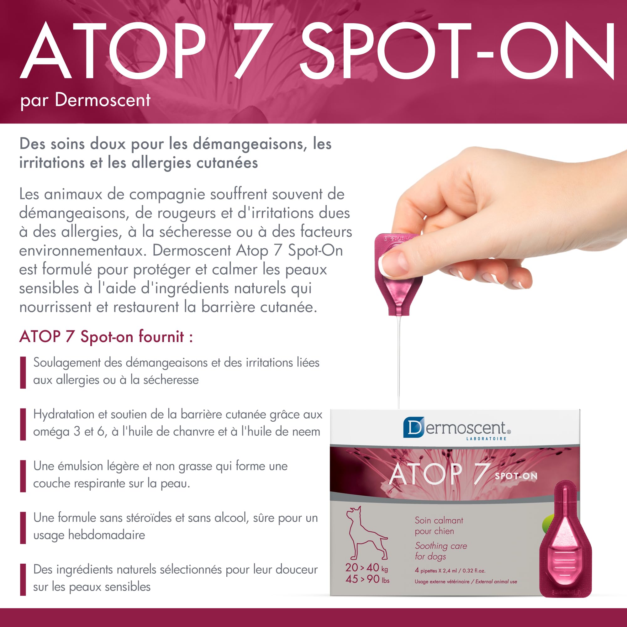 ATOP 7 Spot-on pour Chiens 20–40 kg | Soin Apaisant sans Rinçage | 4 Pipettes x 2,4 ML | Dermoscent