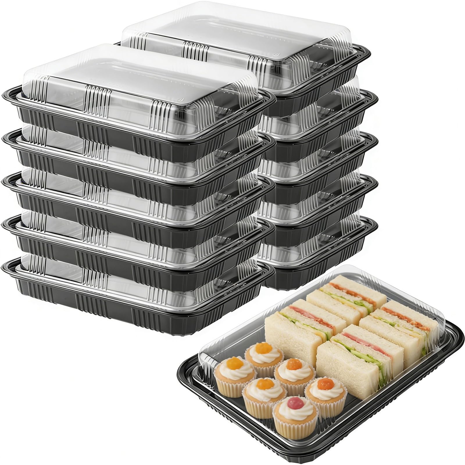 10 Pieces Sandwich Platter Trays With Lids Black, Large Rectangle Food Platter Trays, PET Plastic Reusable Buffet Catering Trays, Multi Use Sushi Catering Trays for Outdoor Camping Family Party