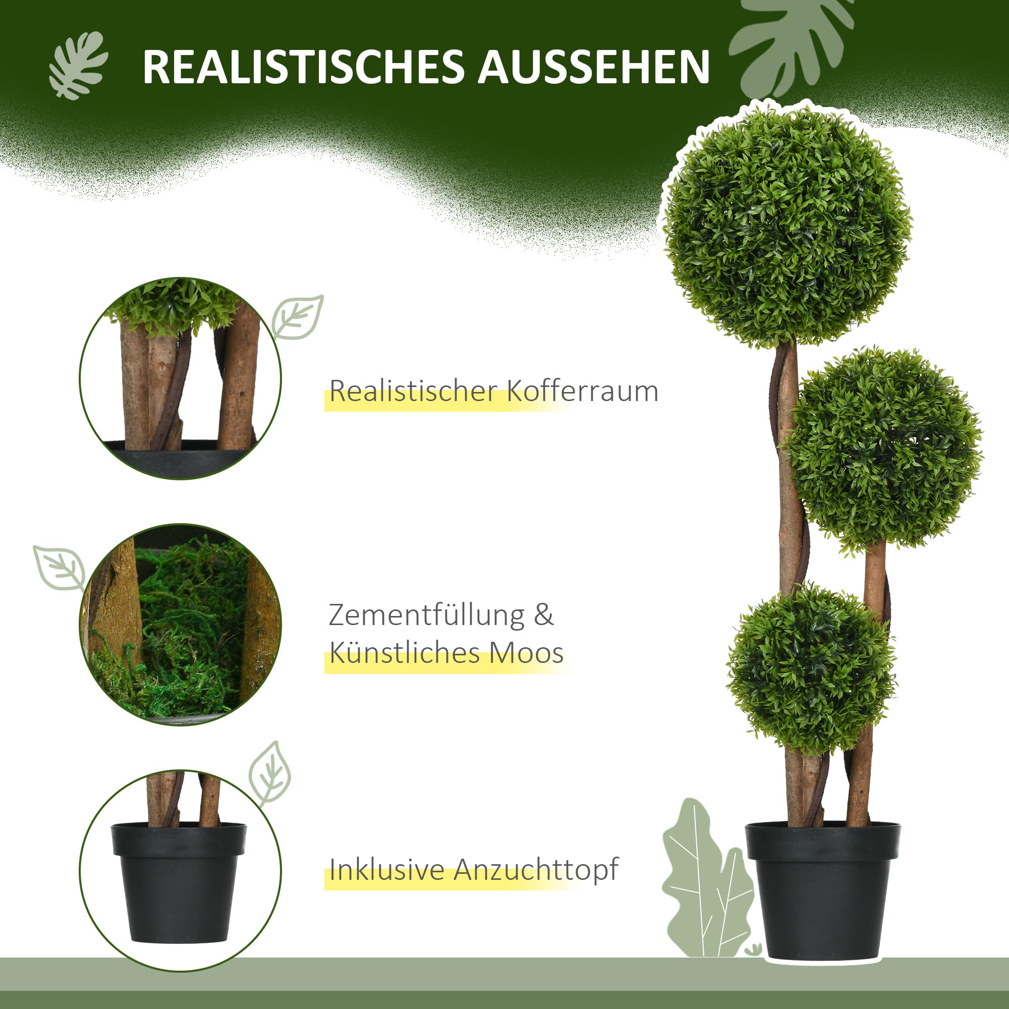 HOMCOM Künstlicher Buchsbaum Groß 110cm UV-beständige Kunstpflanze im Topf | Wie Echt, Kunstbaum mit 3 Kugeln, Kunstmoos, Künstliche Pflanze, Bambusblättern, für Wohnzimmer Schlafzimmer Büro Garten