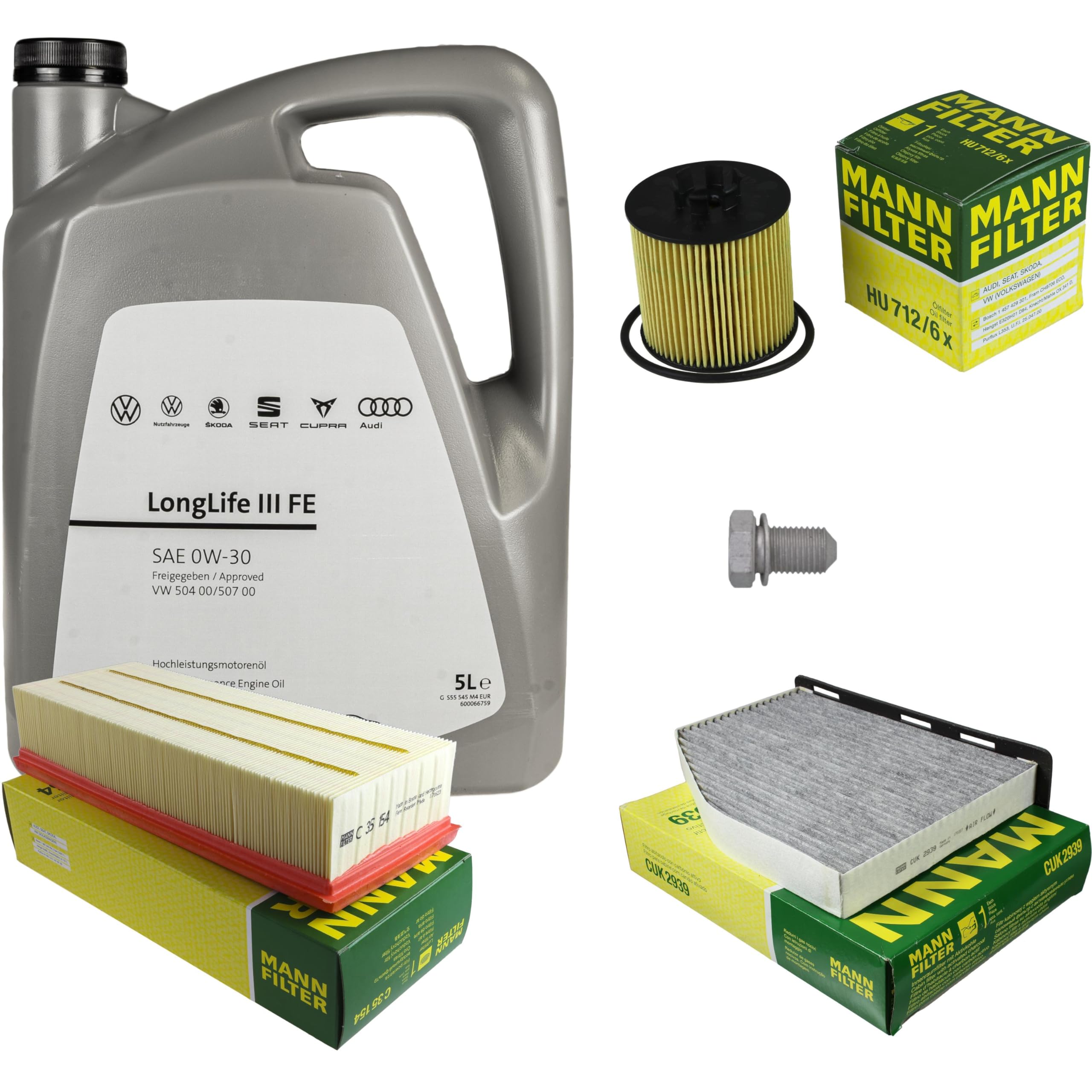Pacchetto di ispezione pacchetto di manutenzione filtro con 5 l 0W-30 olio motore LongLife 3 FE, filtro dell'olio, filtro dell'aria abitacolo (carbone attivo) vite di scarico dell'olio