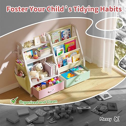 Miniatura 5 de Estantería y organizador de juguetes para niños, resistente de 3 niveles, estantería para niños, estantería con honda y 2 contenedores de juguetes,
