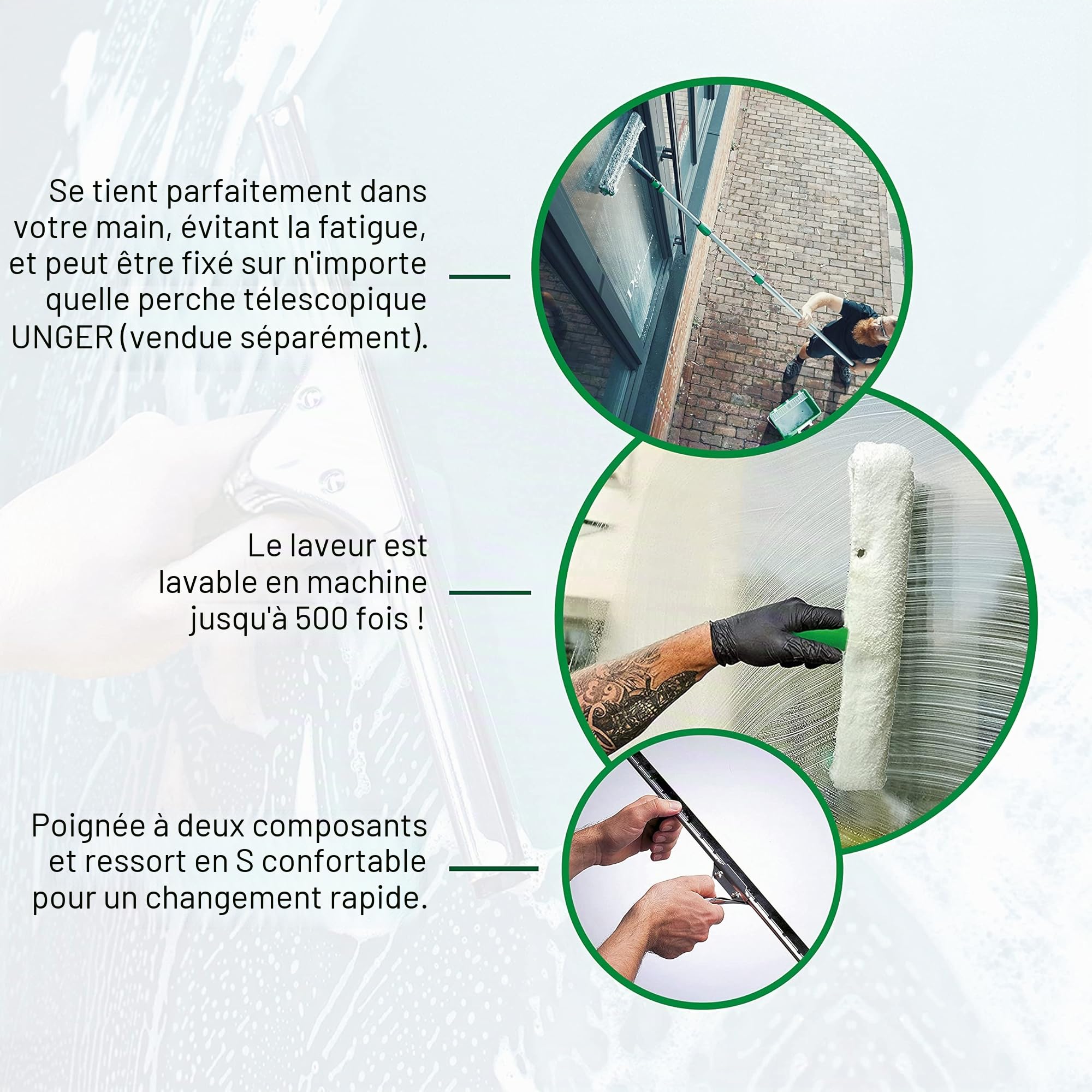 Unger Unitec Kit de Nettoyage de fenêtre avancé 4 en 1, équipement Professionnel de Nettoyage de vitres d'intérieur et d'extérieur, raclette, Lave-vitres, grattoir de sécurité, Chiffon en Microfibre,