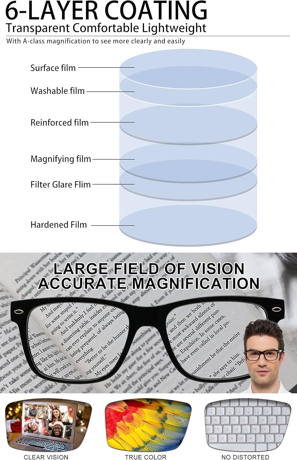 MARE AZZURO Big Frame Reading Glasses Men Square Readers 1.0 1.5 2.0 2.5 3.0 3.5 4.0 5.0 6.0 - Image 2