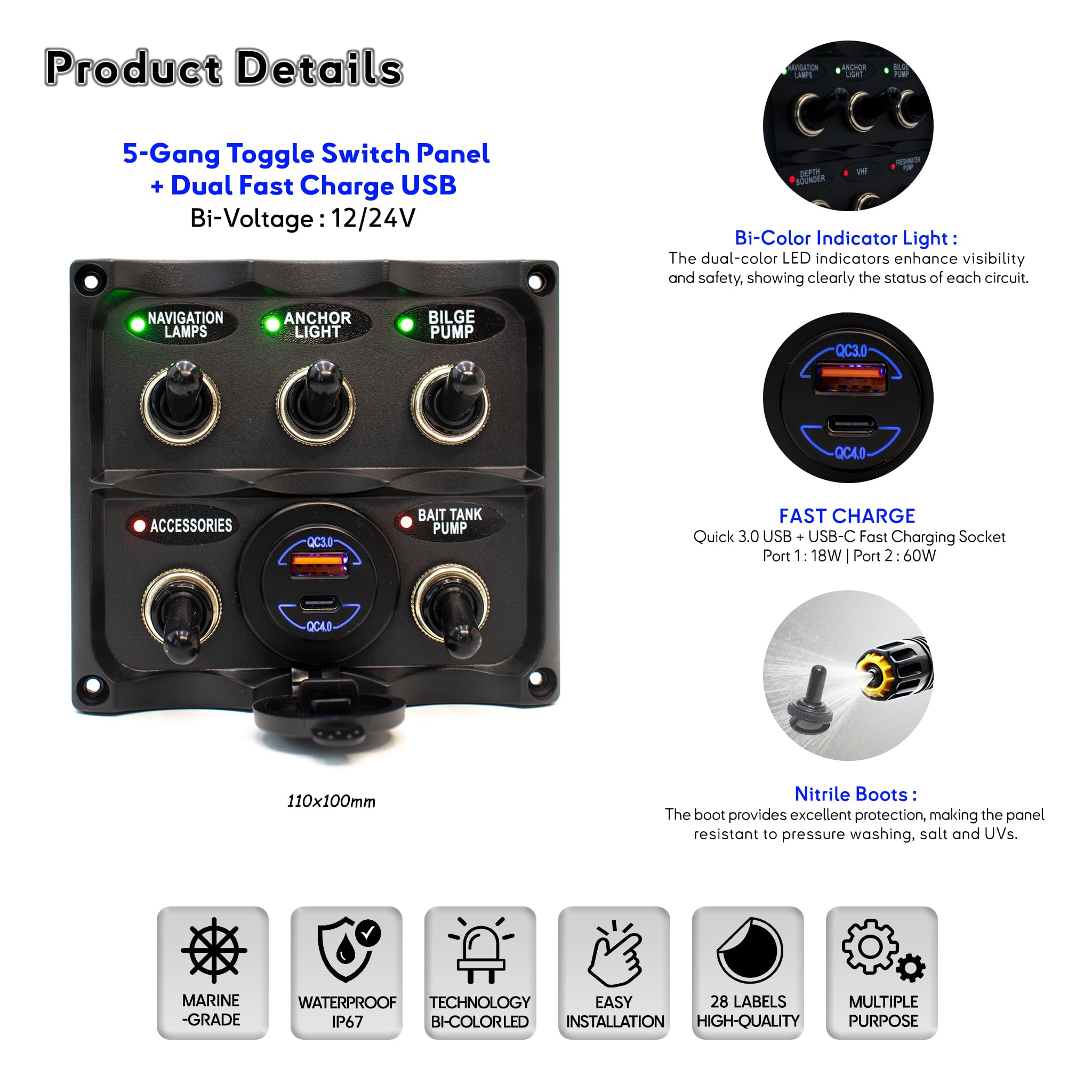 Panneau de commutateurs à bascule étanche IP67 – 5 voies – avec Chargeur Double USB 60W – 12/24V – pour bateau, voilier, yacht, annexe, jetski | BAYWATT (TSP5WU)