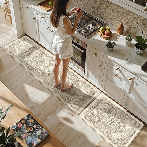 Vista 269 de KIMODE - Juego de 2 tapetes de cocina antifatiga, estilo vintage, antideslizantes, impermeables, ergonómicos, acolchados, cómodos para lavandería