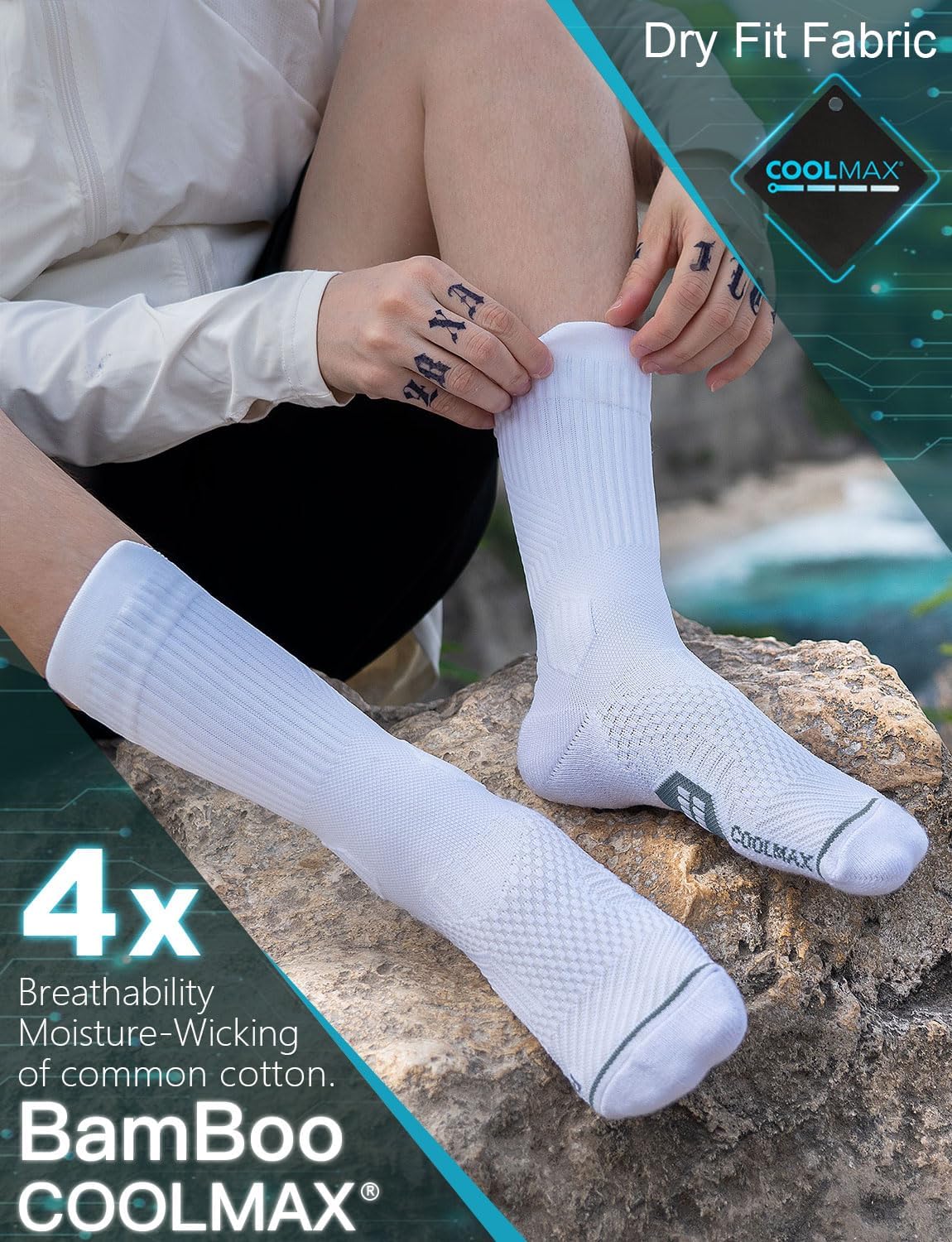 Juclise Compression Crew Running Socks, Coolmax Bamboo Viscose Moisture-Wicking Anti-Blister Padded Athletic Hiking Workout