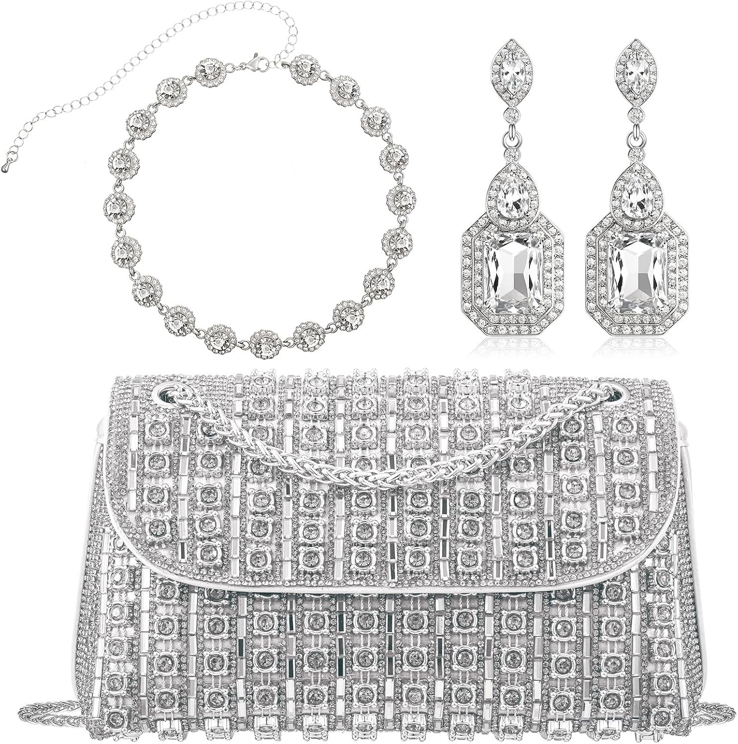 Landical 3 Pcs Rhinestone Clutch and Jewelry Set for Women, Crystal Diamond Earring & Necklace, Evening Wedding Formal
