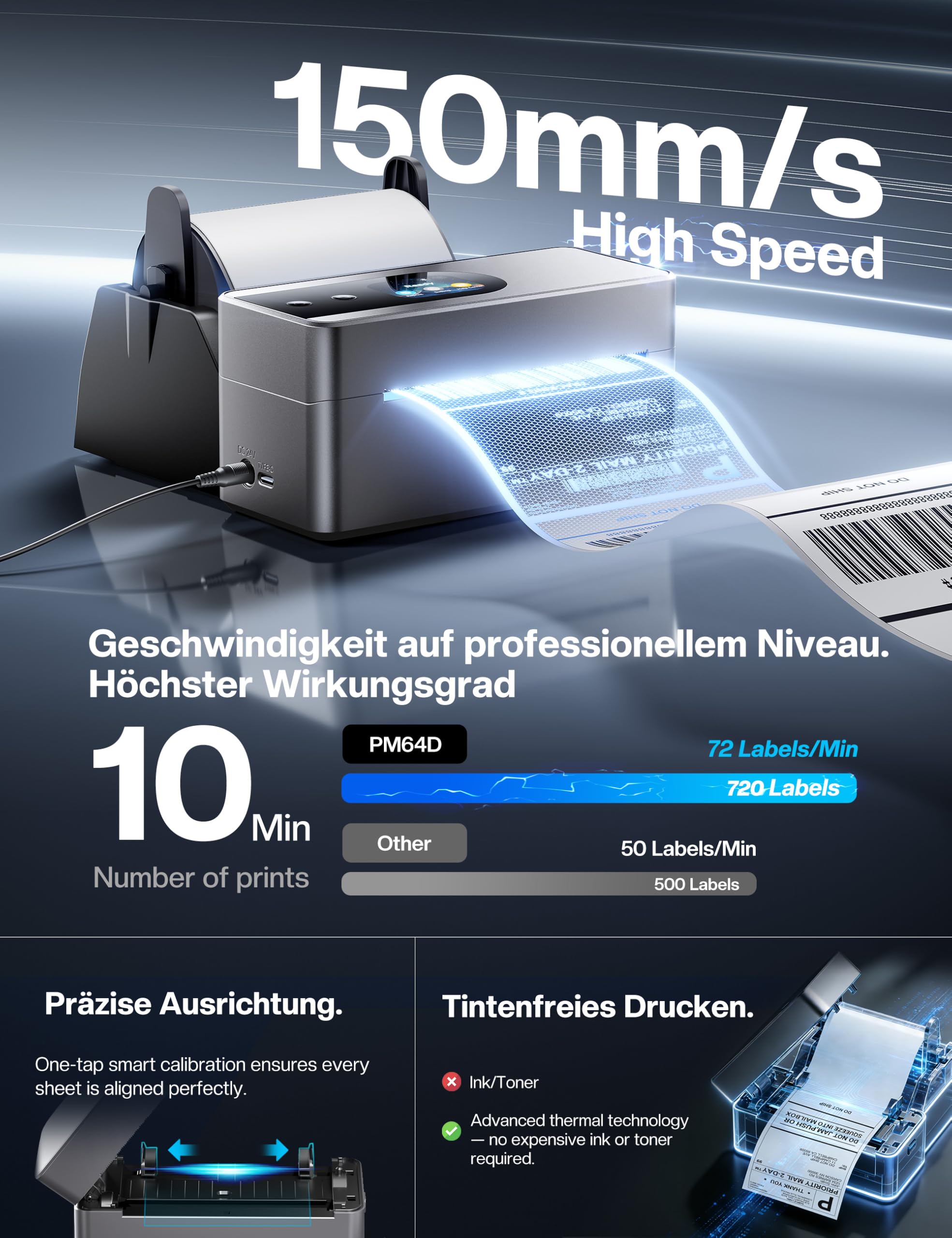 Phomemo Touchscreen Versandetiketten Drucker, PM64D Bluetooth Label Printer | Etikettendrucker DHL, Labeldrucker 4x6, Thermodrucker für Barcode, Kompatibel mit Amazon, Vinted, DHL, DPD, UPS, FedEx, Grau