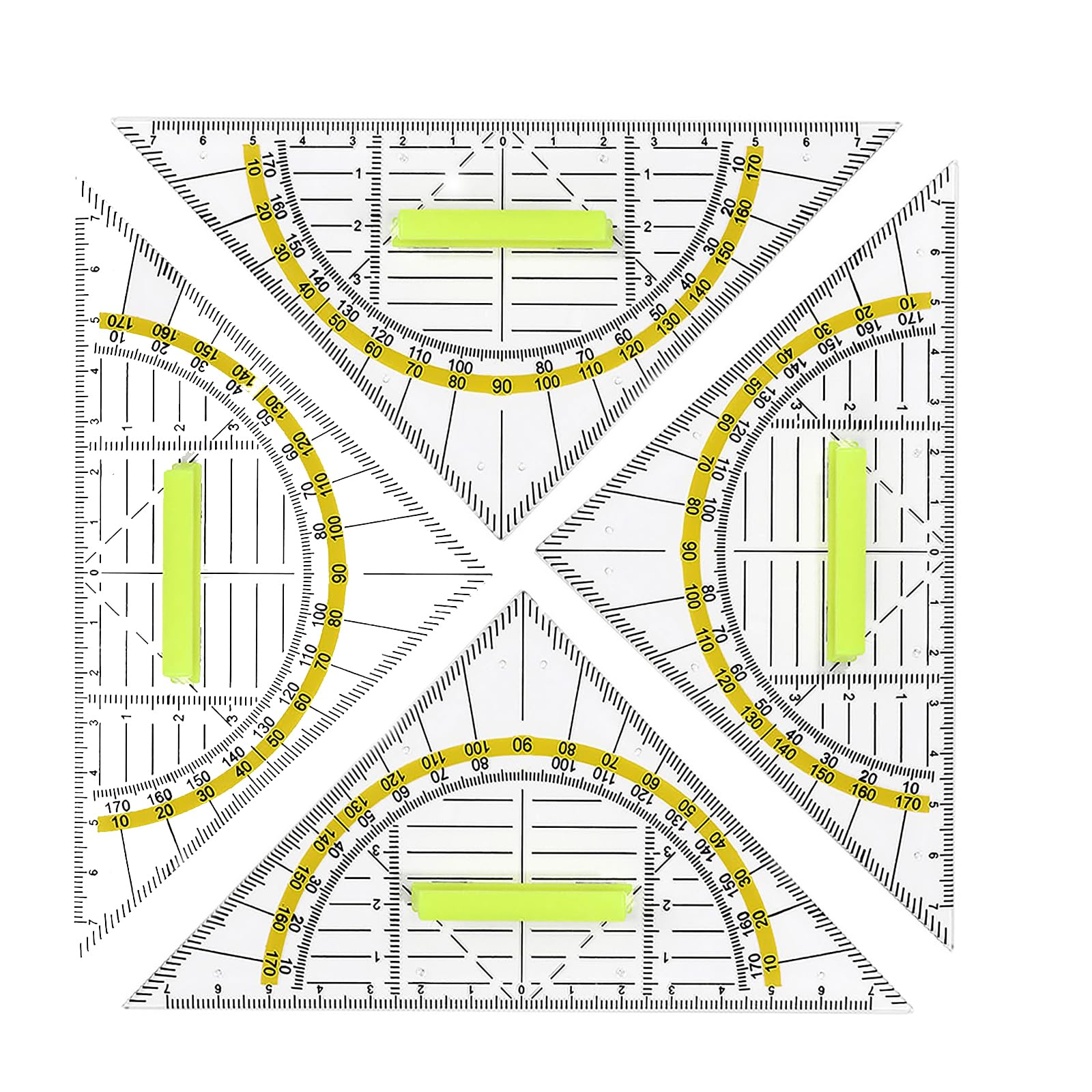 HUATEEN Geometriedreieck,4 Stück Geodreieck Groß Transparenter Kunststoff Dreieckiger 180 mit Abnehmbarem Griff Multifunktionales Lineal mit Skala für Schüler,Lehrer,Schule,Büro,Mathematik