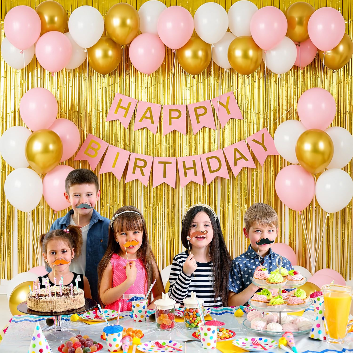 Party Propz Happy Birthday Decoration Kit - 40 Pcs Pink Birthday Banner Set, Balloons, Golden Foil Curtain, Balloons For Decoration, Bday Decoration Kit for Girls (Cardstock, Foil, Latex) 3