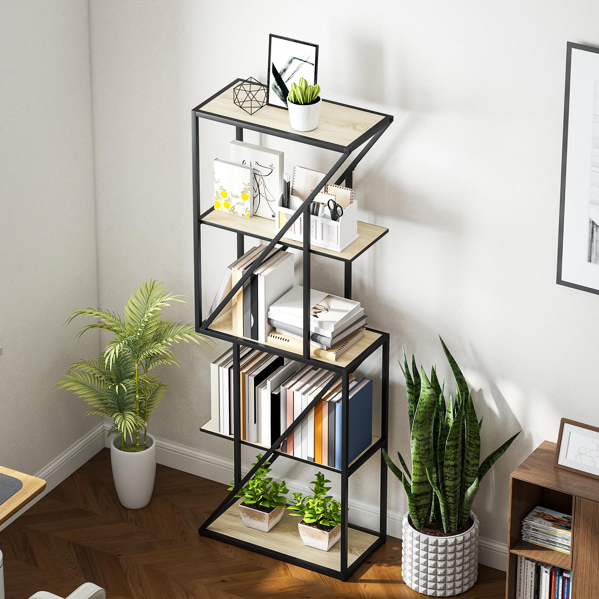 HOMCOM Librería de 5 Niveles con Estantes Abiertos 60x30x165 cm Roble | Estantería para Libros Industrial, Marco de Acero Entrecruzado, para Salón, Dormitorio, Oficina