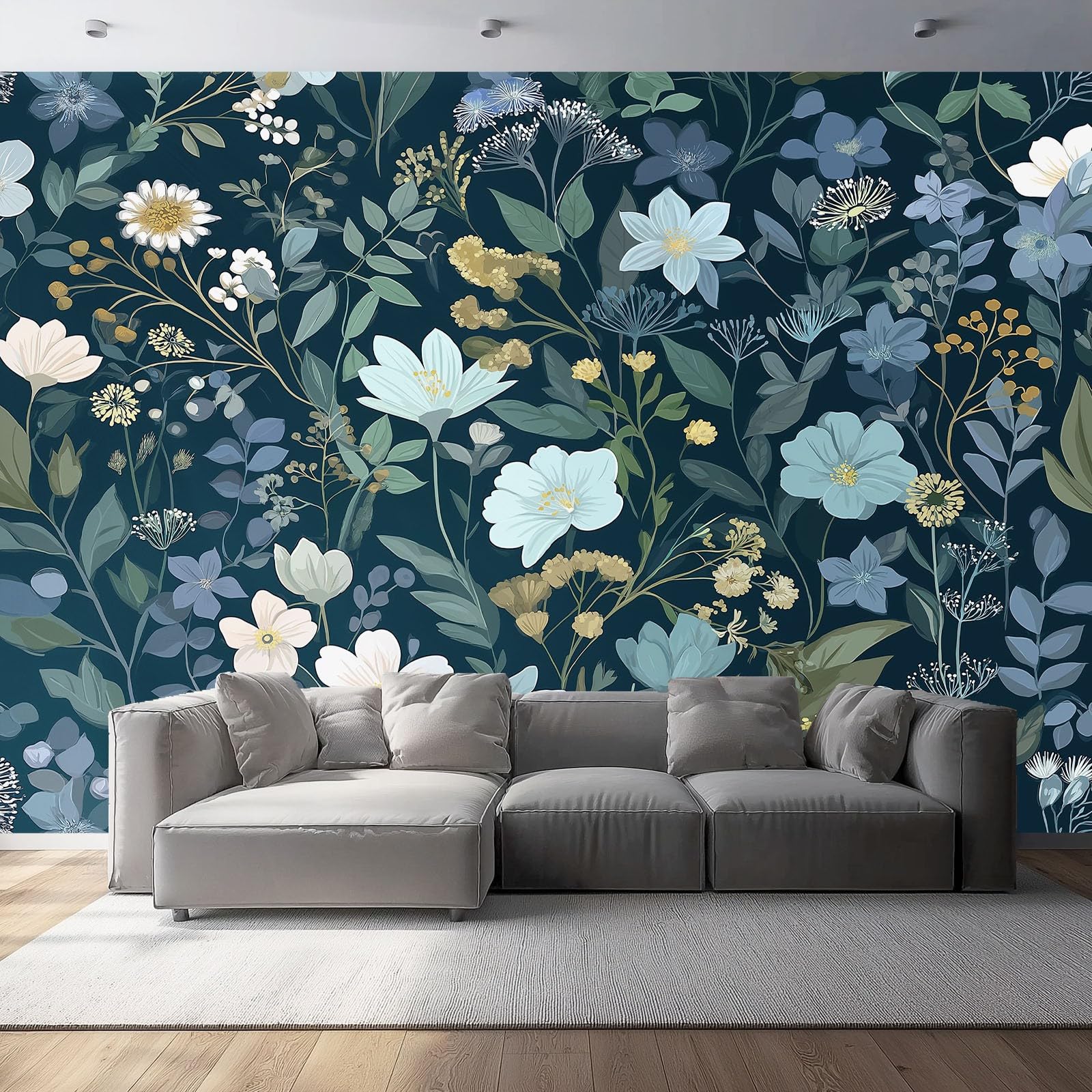 Fotomural panorámico bosque floral azul decorativo de gran formato para salón