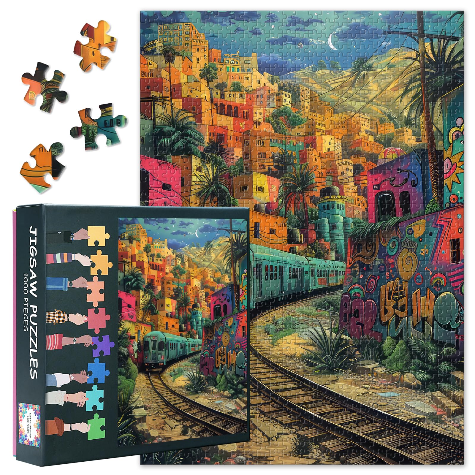 Fantasy City Puzzles for Adults 1000 Pieces, Train Running Through a Colorful City at Night Puzzle, Impossible 1000 Piece Jigsaw Puzzles for Home Wall Decor, 19.5 x 27.5 Inch