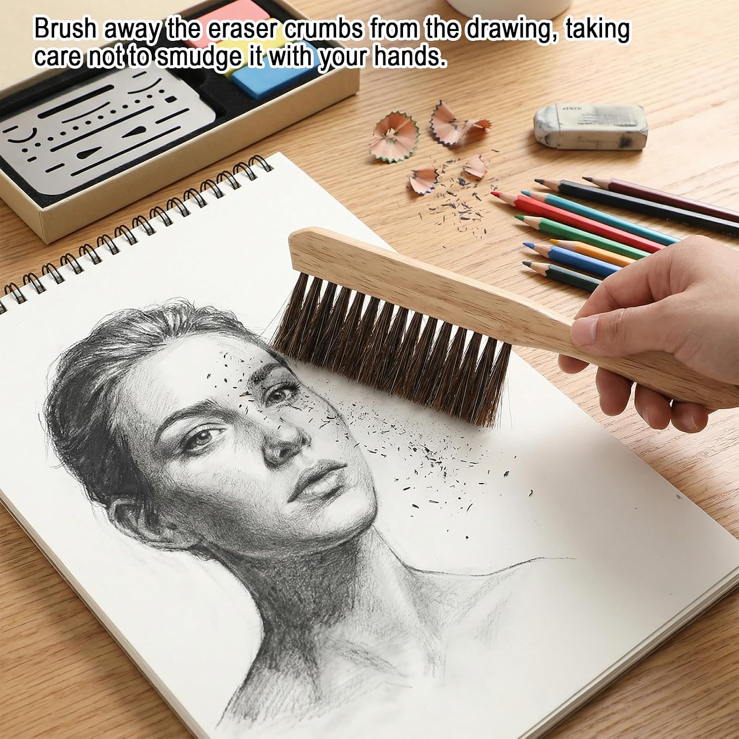 Drafting Brush, Soft Horse Hair Bristles, Wooden Handle Mini Drafting Brushes with Erasing Shield, Architecture and Drawing Cleaning Tools for Students and Professionals image 5